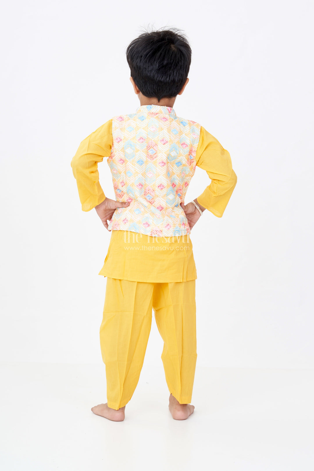 The Nesavu Boys Kurtha Set Boys Yellow Kurta Pant Set with Multicolor Printed Jacket in Elegant Festive Finish Nesavu Boys Silk Blend Yellow Kurta Pant Set Multicolor Printed Jacket Festive Look | The Nesavu
