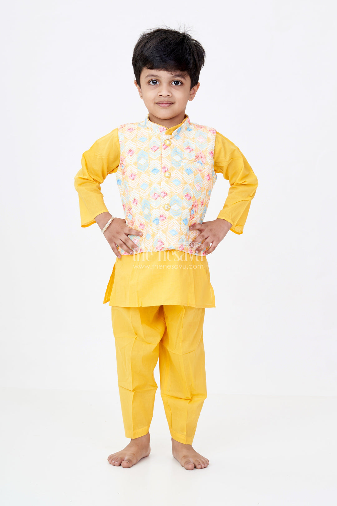 The Nesavu Boys Kurtha Set Boys Yellow Kurta Pant Set with Multicolor Printed Jacket in Elegant Festive Finish Nesavu Boys Silk Blend Yellow Kurta Pant Set Multicolor Printed Jacket Festive Look | The Nesavu