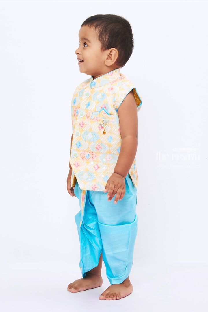 The Nesavu Boys Dothi Set Boys Yellow Kurta with Blue Silk Dhoti Set - South Indian Traditional Elegance Nesavu Traditional Yellow Kurta Dhoti Set for Boys | South Indian Silk Ensemble | The Nesavu