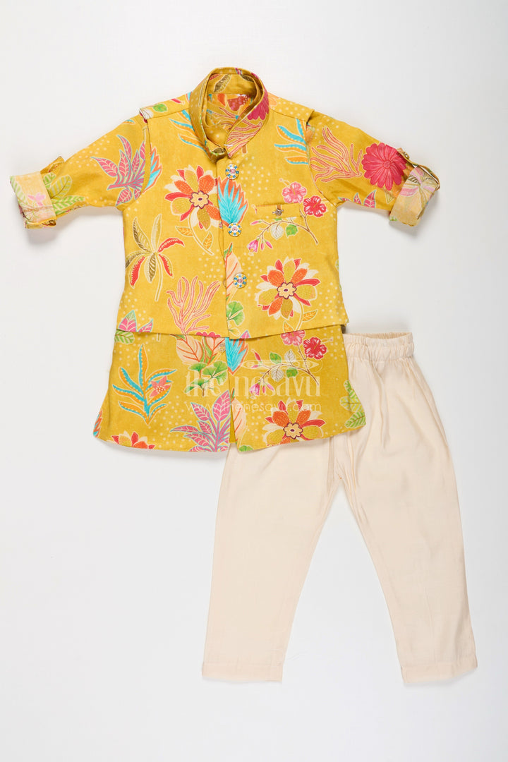 The Nesavu Boys Jacket Sets Boys Yellow Kurta with Jacket in Digital Printed Muslin Silk Featuring Vibrant Floral Detailing Nesavu 14 (6M) / Yellow BES711B-14 Boys Yellow Muslin Silk Kurta Printed Floral Jacket Cream Pants Traditional Style | The Nesavu