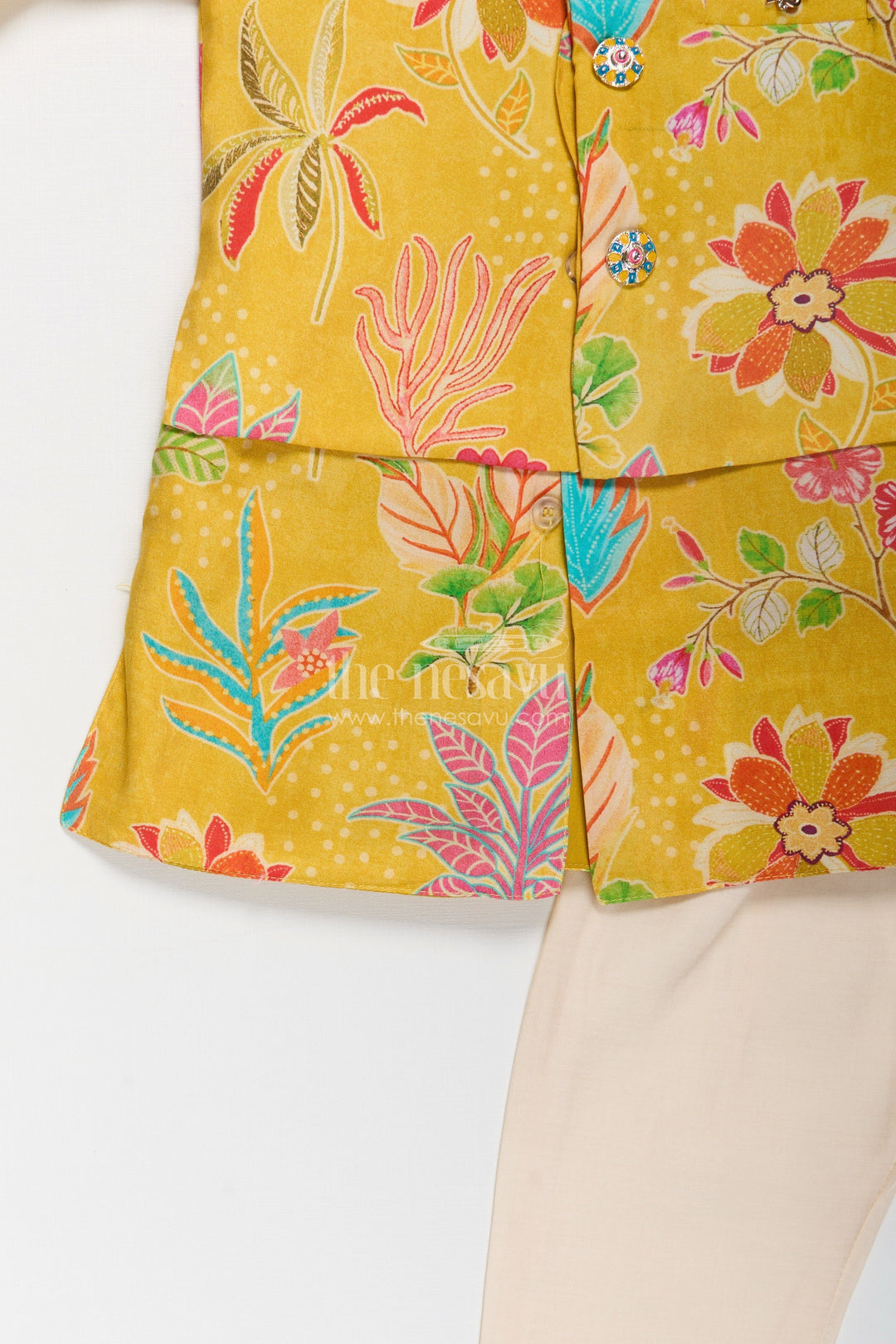 The Nesavu Boys Jacket Sets Boys Yellow Kurta with Jacket in Digital Printed Muslin Silk Featuring Vibrant Floral Detailing Nesavu Boys Yellow Muslin Silk Kurta Printed Floral Jacket Cream Pants Traditional Style | The Nesavu