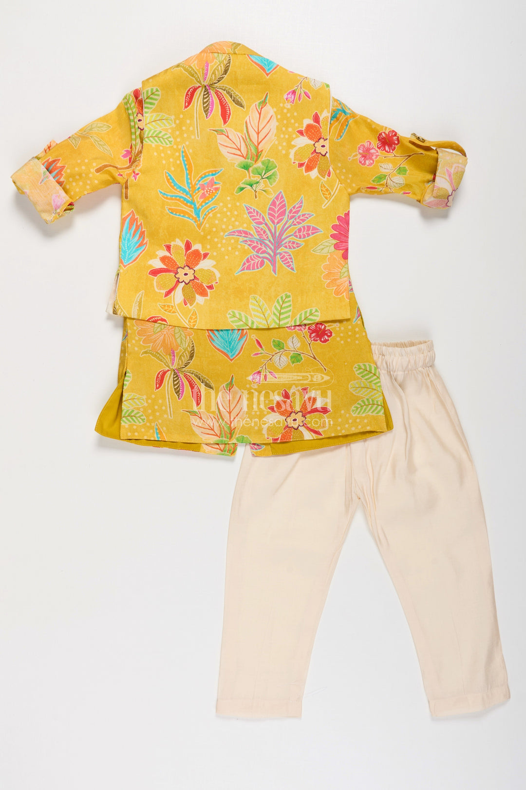 The Nesavu Boys Jacket Sets Boys Yellow Kurta with Jacket in Digital Printed Muslin Silk Featuring Vibrant Floral Detailing Nesavu Boys Yellow Muslin Silk Kurta Printed Floral Jacket Cream Pants Traditional Style | The Nesavu