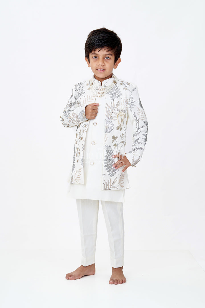 The Nesavu Boys Jacket Sets Boys Yellow Kurta with Nehru Jacket in Silk Blend with Intricate Embroidery and Designer Brooch Nesavu 14 (6M) / Cream BES643B-14 Nesavu Boys Yellow Kurta Nehru Jacket Silk Blend Embroidery Designer Brooch
