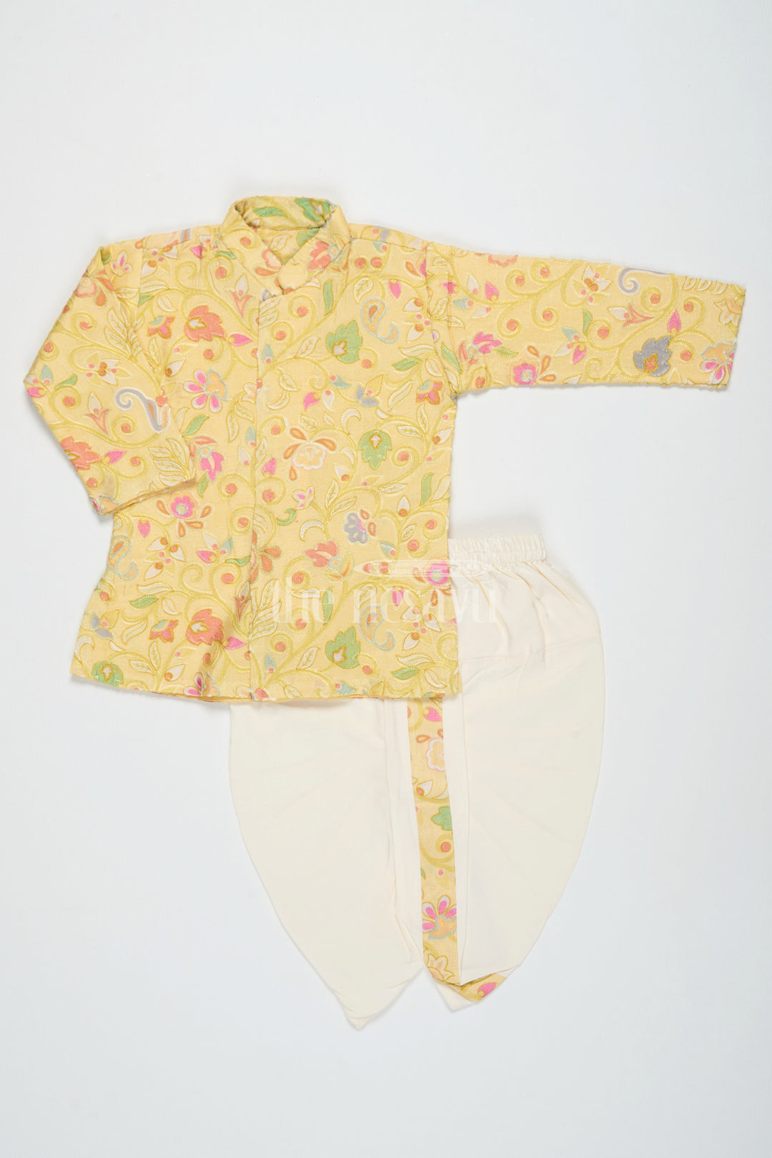 The Nesavu Boys Dothi Set Boys Yellow Pure Georgette Embroidered Dothi Set with Placement Print Nesavu 10 (NB) / Yellow BES603A-10 Boys Yellow Pure Georgette Embroidered Dothi Set Nesavu Traditional Attire Cultural Events