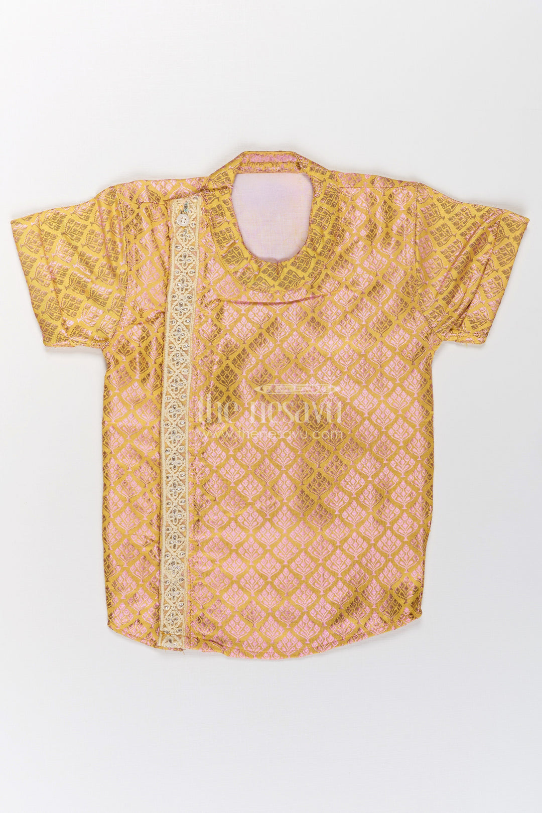 The Nesavu Boys Silk Shirt Boys Yellow Silk Shirt in Semi Banaras Weave with Gold Accents and Ornate Side Panel Detail Nesavu 16 (1Y) / Yellow BS253B-16 Yellow Silk Shirt Boys Semi Banaras Fabric Shimmer Motifs Zari Side Panel | The Nesavu