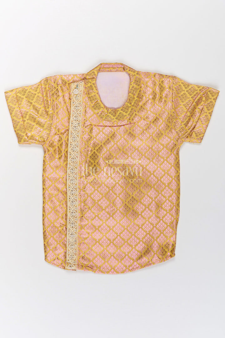 The Nesavu Boys Silk Shirt Boys Yellow Silk Shirt in Semi Banaras Weave with Gold Accents and Ornate Side Panel Detail Nesavu Yellow Silk Shirt Boys Semi Banaras Fabric Shimmer Motifs Zari Side Panel | The Nesavu