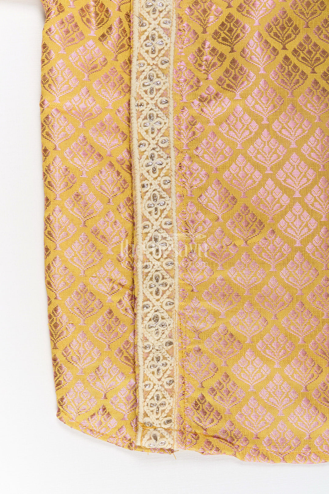 The Nesavu Boys Silk Shirt Boys Yellow Silk Shirt in Semi Banaras Weave with Gold Accents and Ornate Side Panel Detail Nesavu Yellow Silk Shirt Boys Semi Banaras Fabric Shimmer Motifs Zari Side Panel | The Nesavu