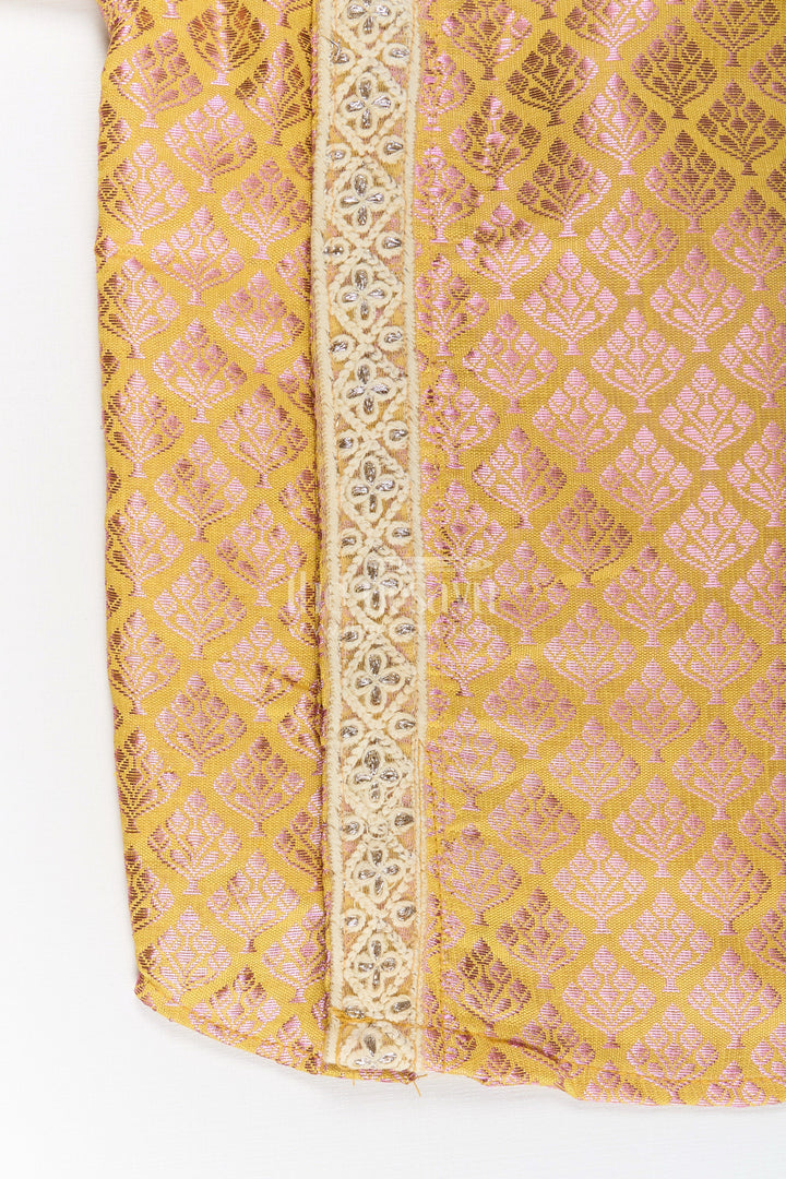 The Nesavu Boys Silk Shirt Boys Yellow Silk Shirt in Semi Banaras Weave with Gold Accents and Ornate Side Panel Detail Nesavu Yellow Silk Shirt Boys Semi Banaras Fabric Shimmer Motifs Zari Side Panel | The Nesavu