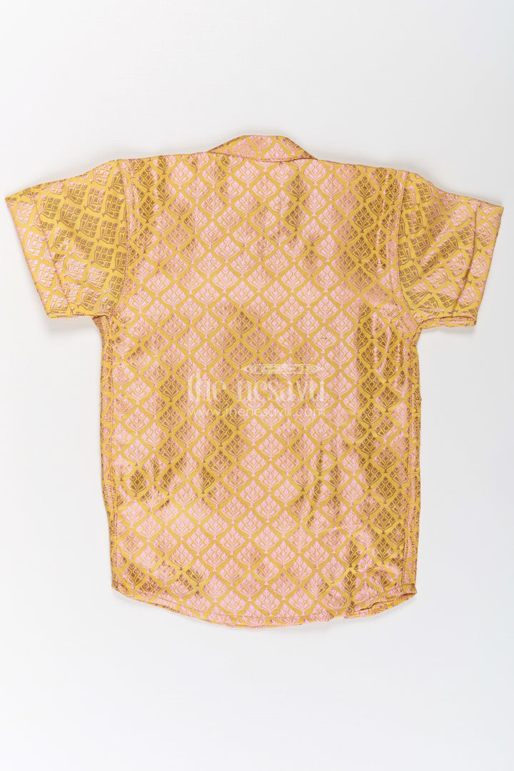 The Nesavu Boys Silk Shirt Boys Yellow Silk Shirt in Semi Banaras Weave with Gold Accents and Ornate Side Panel Detail Nesavu Yellow Silk Shirt Boys Semi Banaras Fabric Shimmer Motifs Zari Side Panel | The Nesavu