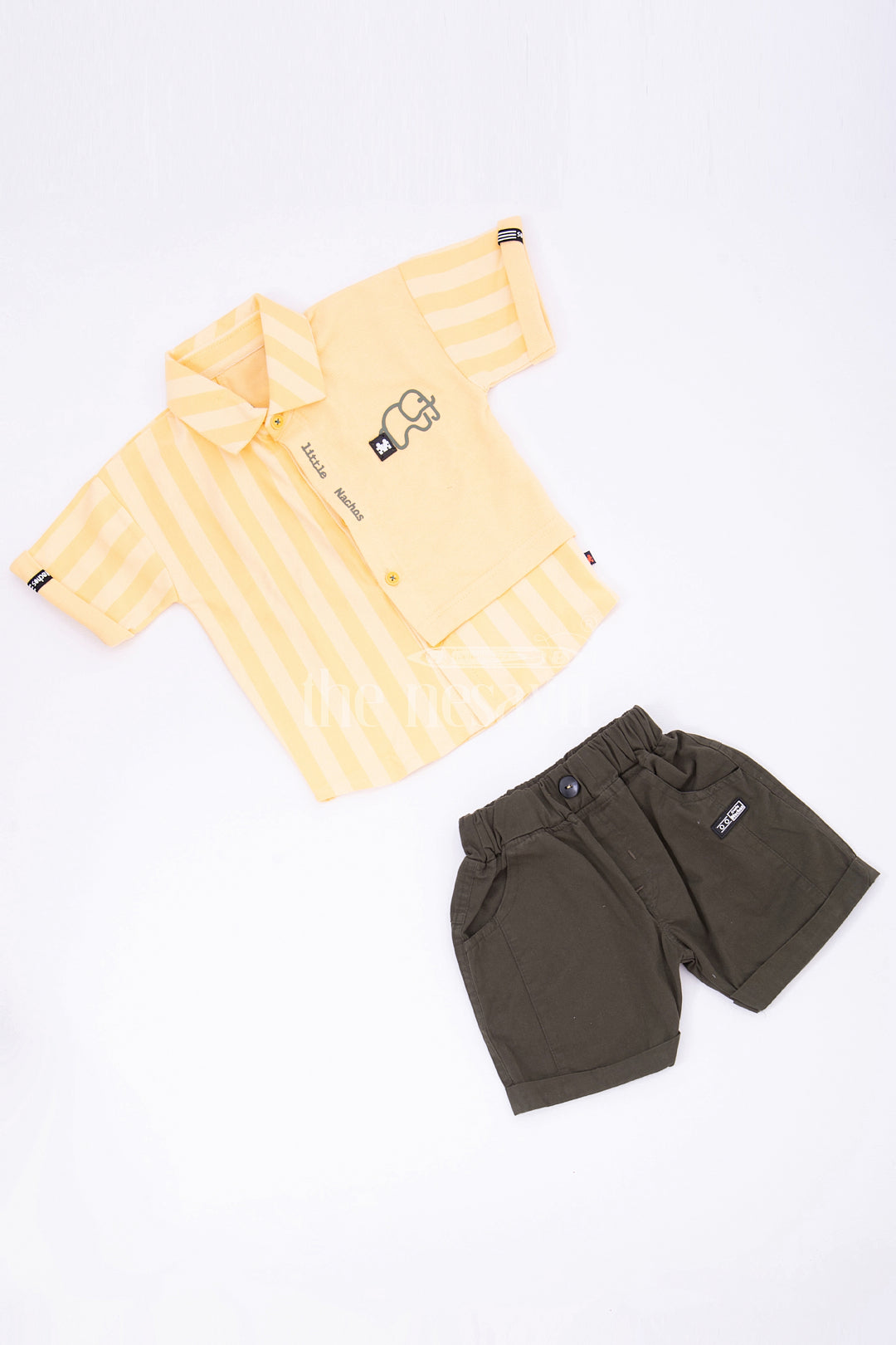 The Nesavu Boys Casual Set Boys Yellow Striped Half Sleeve Shirt and Black Shorts Set Nesavu The Nesavu Boys Yellow Striped Shirt and Black Shorts Set