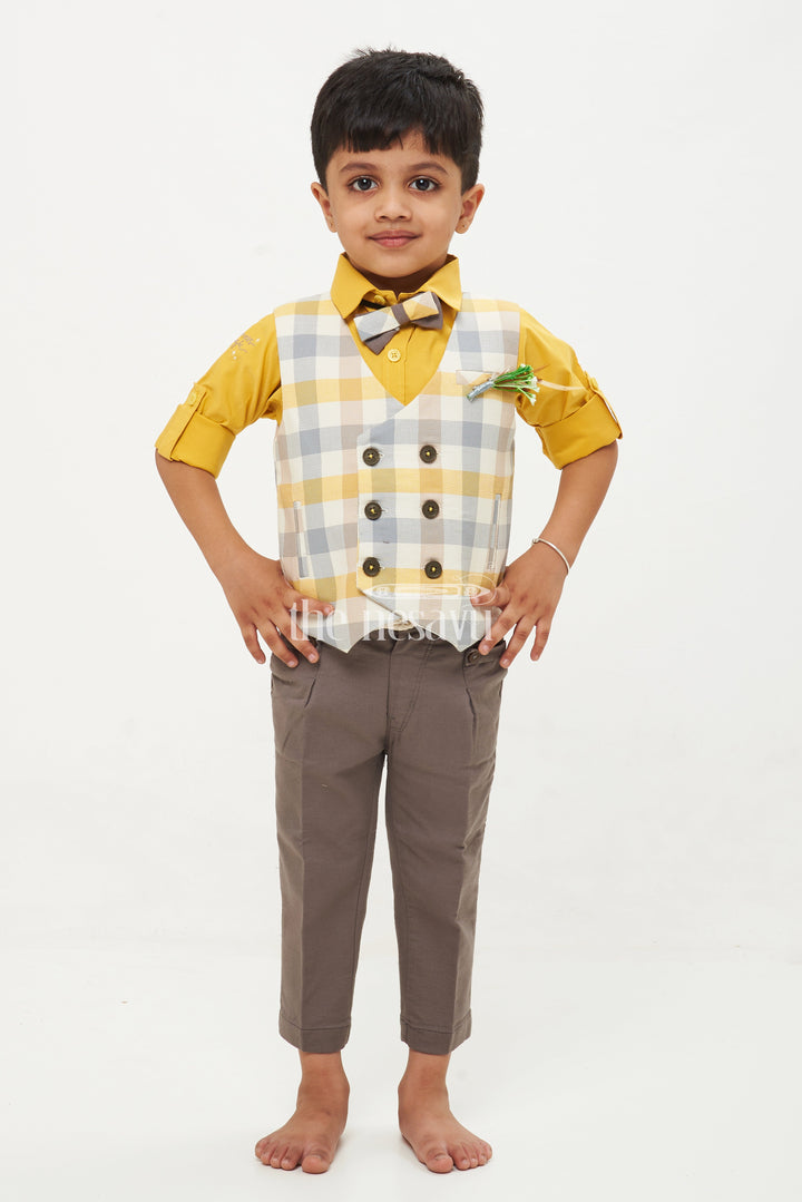 The Nesavu Boys Casual Set Boys Yellow Waistcoat Co Ord Set with Striped Design Nesavu 16 (1Y) / Yellow BCS064B-16 Boys Yellow Waistcoat Co Ord Set with Striped Design - Perfect for Festive Events