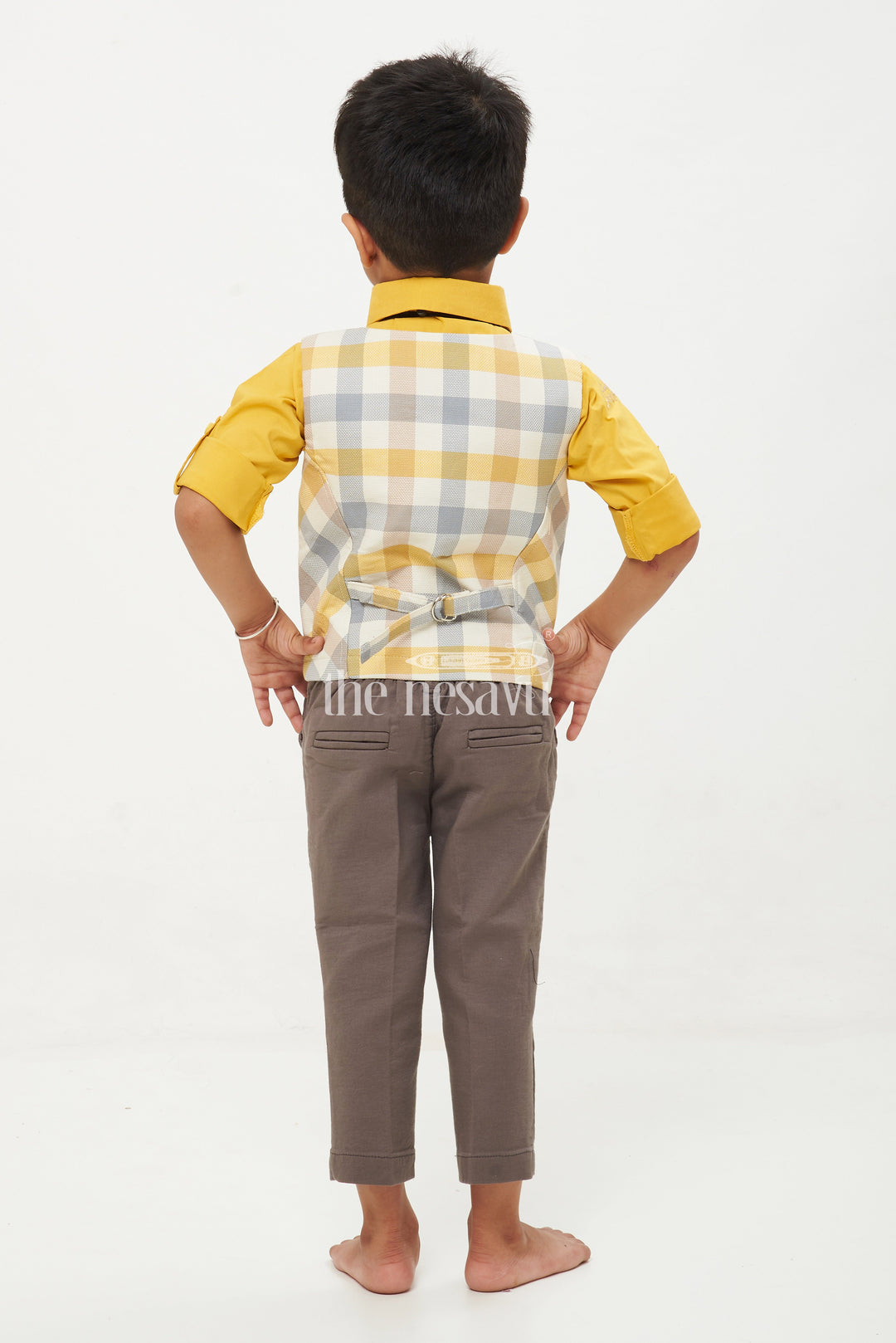 The Nesavu Boys Casual Set Boys Yellow Waistcoat Co Ord Set with Striped Design Nesavu Boys Yellow Waistcoat Co Ord Set with Striped Design - Perfect for Festive Events