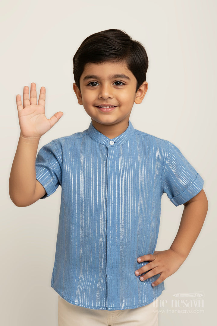 The Nesavu Boys Cotton Shirt Boys Zari Cotton Shirt for Ethnic School Days and Casual Celebrations Nesavu 16 (1Y) / Gray BS344A-16 Nesavu boys zari striped cotton shirt ethnic wear festive school events