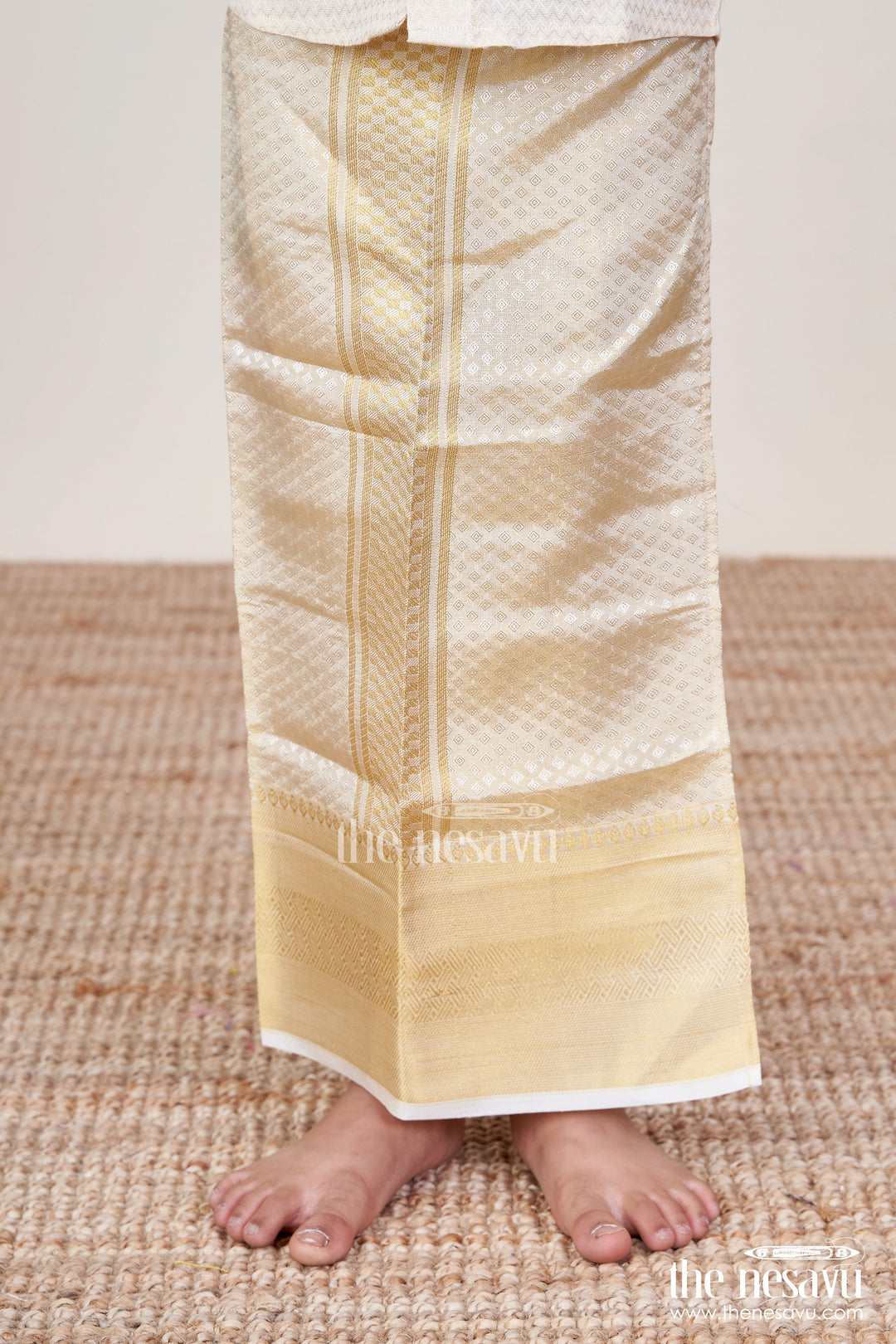 The Nesavu Boys Vesti Boys Zari Vesti for Festive Occasions and Family Celebrations Nesavu 14 (6M) / Cream D036A-14 Nesavu boys vesti embossed tissue zari border weddings festive family events