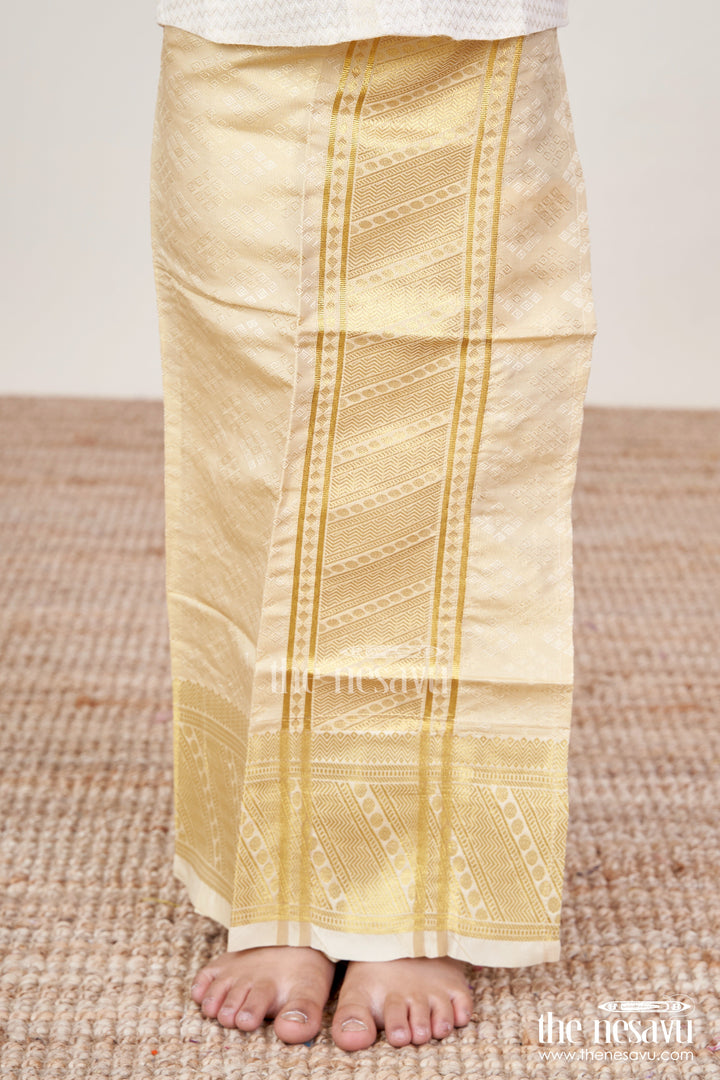 The Nesavu Boys Vesti Boys Zari Vesti for Wedding Ceremonies and Festive Rituals Nesavu 18 (2Y) / Gold D029A-18 Nesavu boys vesti embossed tissue rich zari border weddings traditional occasions