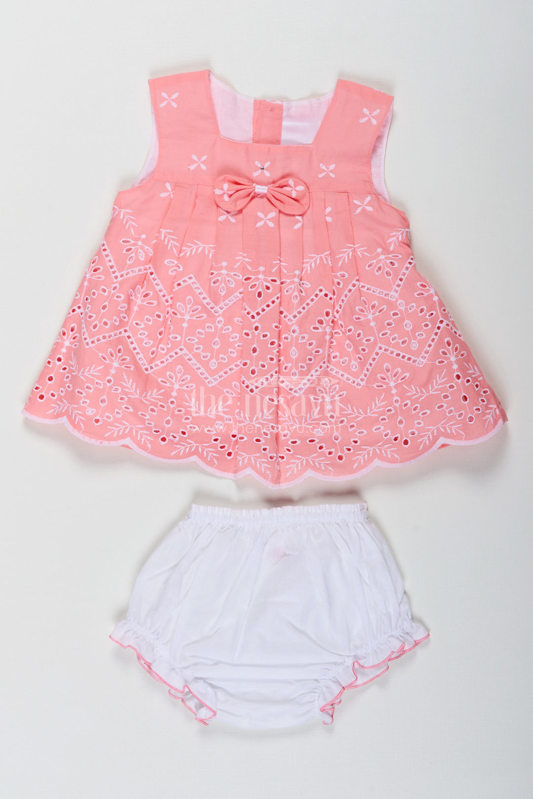 The Nesavu Baby Cotton Frocks Bridal Frock for Reception in Peach Pink with Lucknowi Embroidery and Matching Bloomers Nesavu 10 (NB) / Pink BFJ788A-10 Bridal Frock Reception Peach Pink Cotton Lucknowi Embroidery | The Nesavu