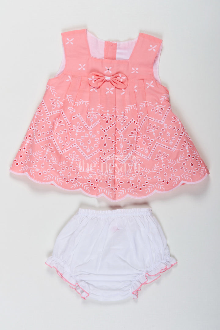 The Nesavu Baby Cotton Frocks Bridal Frock for Reception in Peach Pink with Lucknowi Embroidery and Matching Bloomers Nesavu 10 (NB) / Pink BFJ788A-10 Bridal Frock Reception Peach Pink Cotton Lucknowi Embroidery | The Nesavu