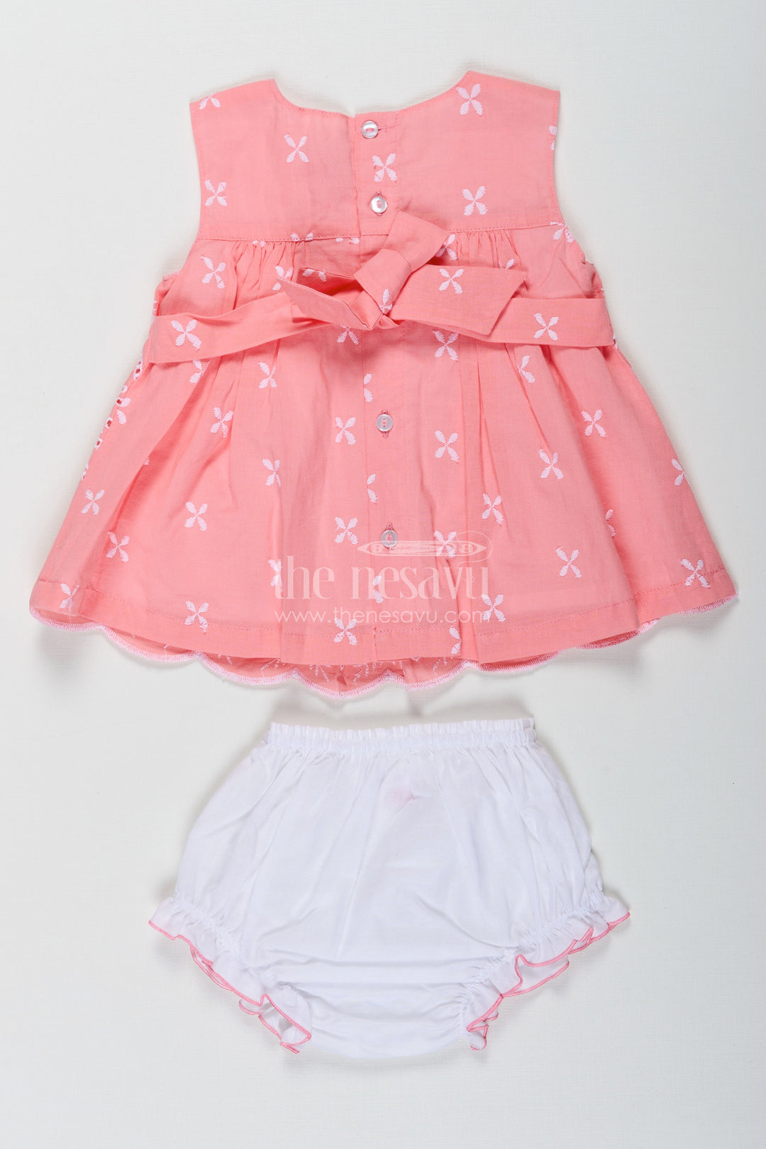 The Nesavu Baby Cotton Frocks Bridal Frock for Reception in Peach Pink with Lucknowi Embroidery and Matching Bloomers Nesavu Bridal Frock Reception Peach Pink Cotton Lucknowi Embroidery | The Nesavu