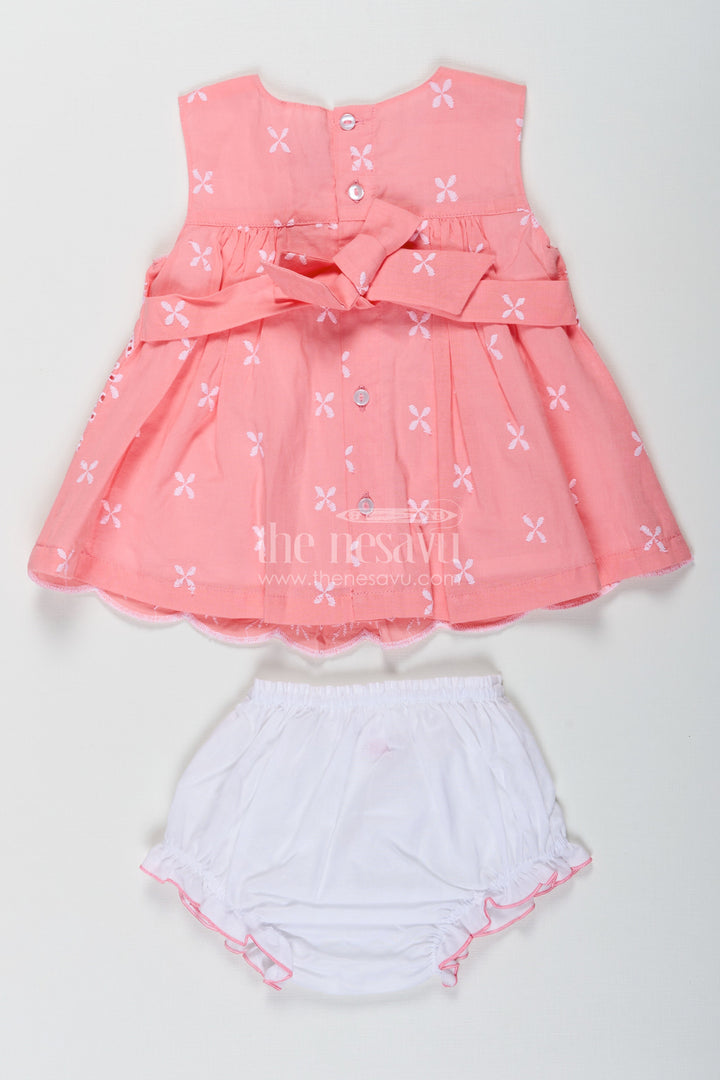 The Nesavu Baby Cotton Frocks Bridal Frock for Reception in Peach Pink with Lucknowi Embroidery and Matching Bloomers Nesavu Bridal Frock Reception Peach Pink Cotton Lucknowi Embroidery | The Nesavu