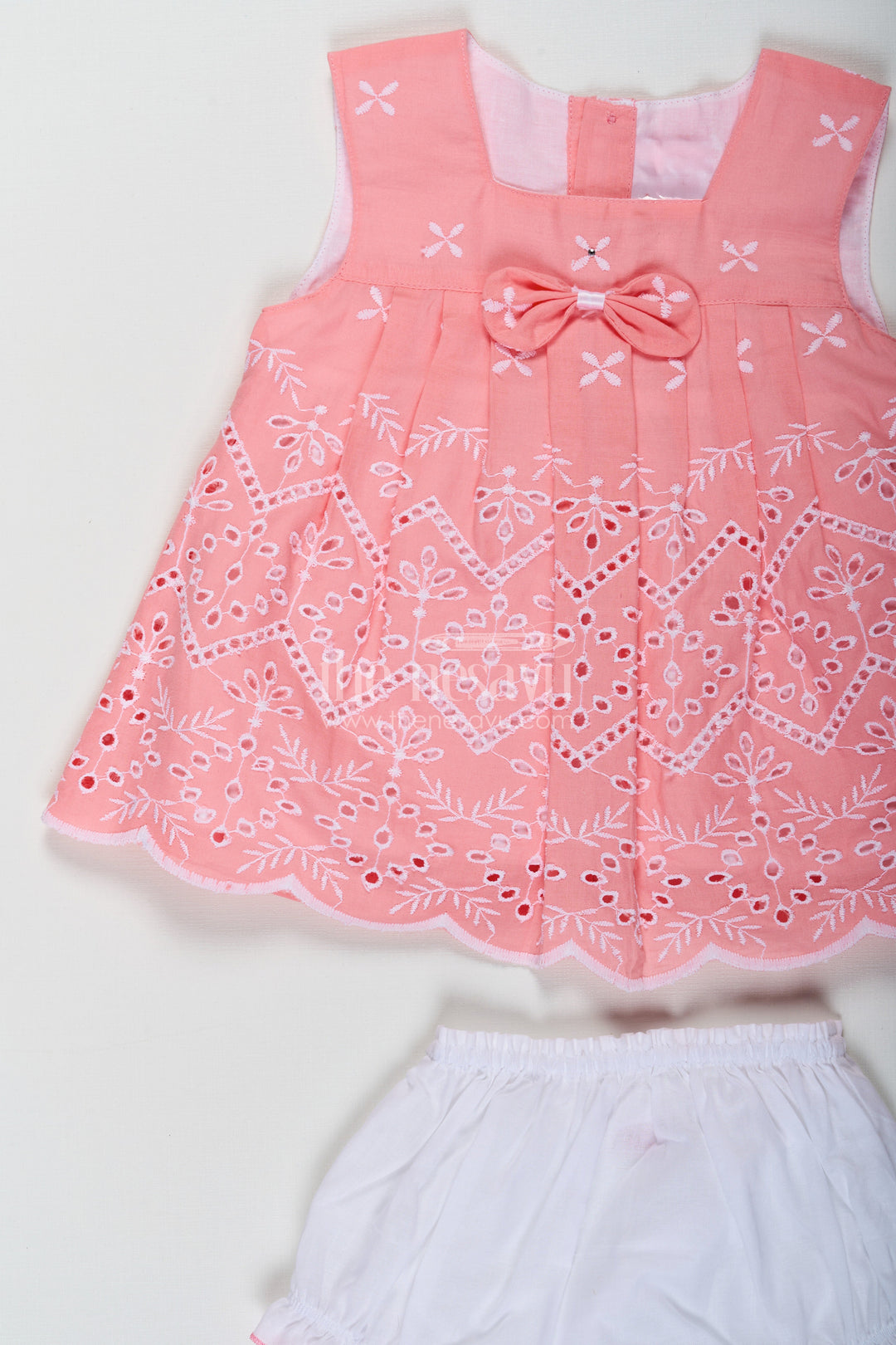 The Nesavu Baby Cotton Frocks Bridal Frock for Reception in Peach Pink with Lucknowi Embroidery and Matching Bloomers Nesavu Bridal Frock Reception Peach Pink Cotton Lucknowi Embroidery | The Nesavu