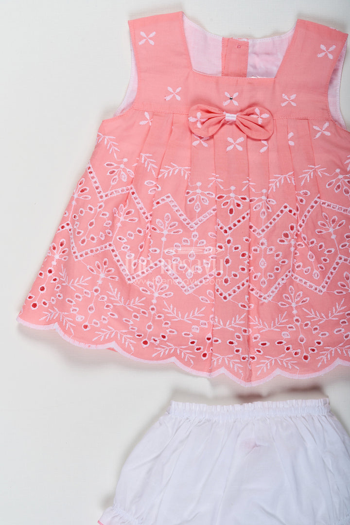 The Nesavu Baby Cotton Frocks Bridal Frock for Reception in Peach Pink with Lucknowi Embroidery and Matching Bloomers Nesavu Bridal Frock Reception Peach Pink Cotton Lucknowi Embroidery | The Nesavu
