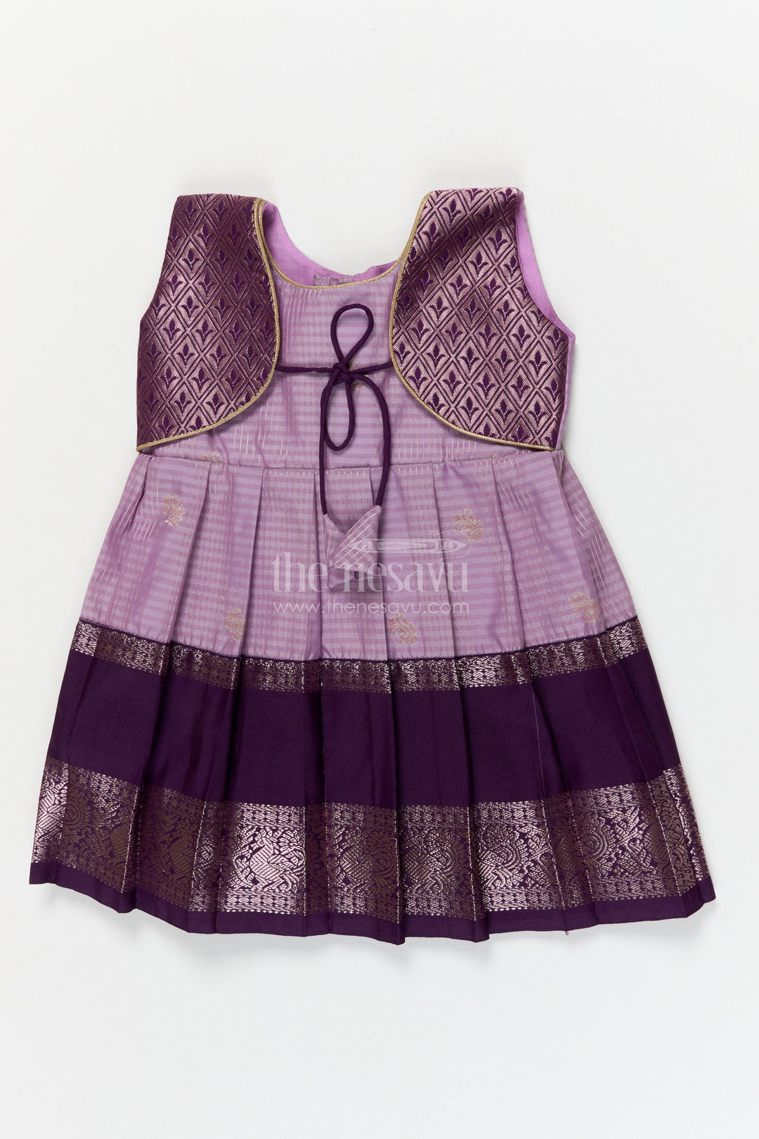 The Nesavu Girls Kanchi Silk Frock Bridal Silk Frock for Toddler Girls with Designer Kanchivaram Saree Inspired Weave Nesavu 10 (NB) / Purple / style 1 KSF016AA-10 Nesavu toddler girl bridal silk frock with designer Kanchivaram saree weave and traditional zari border