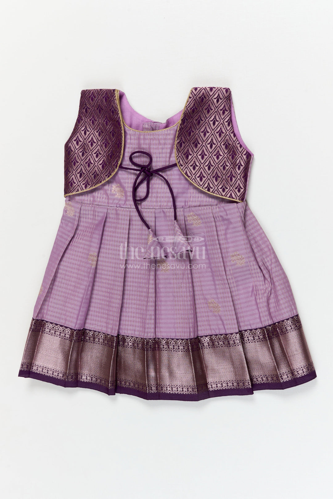 The Nesavu Girls Kanchi Silk Frock Bridal Silk Frock for Toddler Girls with Designer Kanchivaram Saree Inspired Weave Nesavu 10 (NB) / Purple / style 3 KSF016AC-10 Nesavu toddler girl bridal silk frock with designer Kanchivaram saree weave and traditional zari border