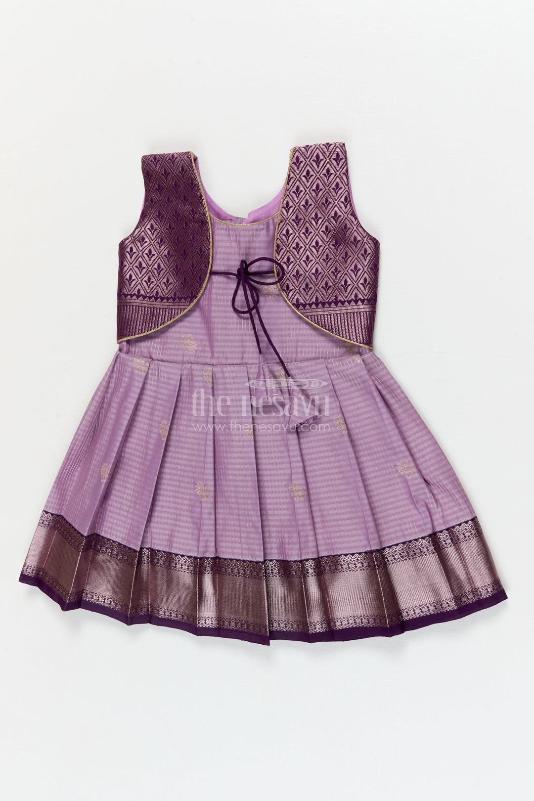 The Nesavu Girls Kanchi Silk Frock Bridal Silk Frock for Toddler Girls with Designer Kanchivaram Saree Inspired Weave Nesavu 10 (NB) / Purple / style 4 KSF016AD-10 Nesavu toddler girl bridal silk frock with designer Kanchivaram saree weave and traditional zari border