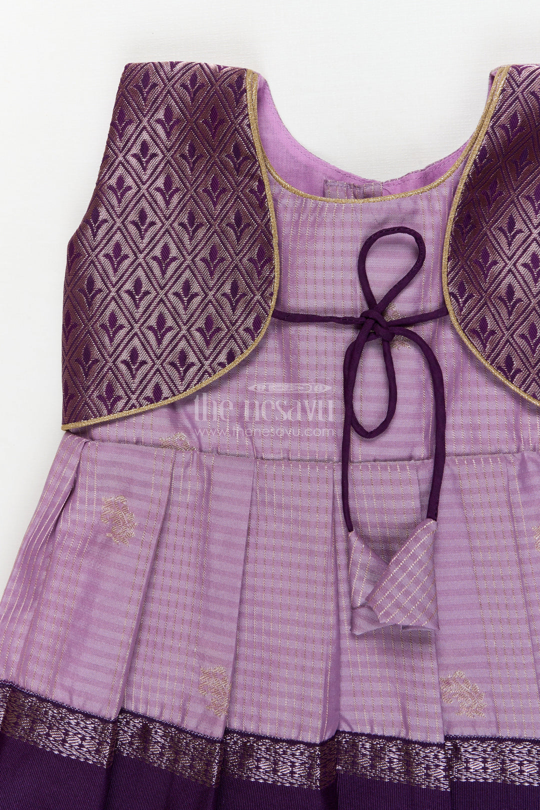 The Nesavu Girls Kanchi Silk Frock Bridal Silk Frock for Toddler Girls with Designer Kanchivaram Saree Inspired Weave Nesavu Nesavu toddler girl bridal silk frock with designer Kanchivaram saree weave and traditional zari border