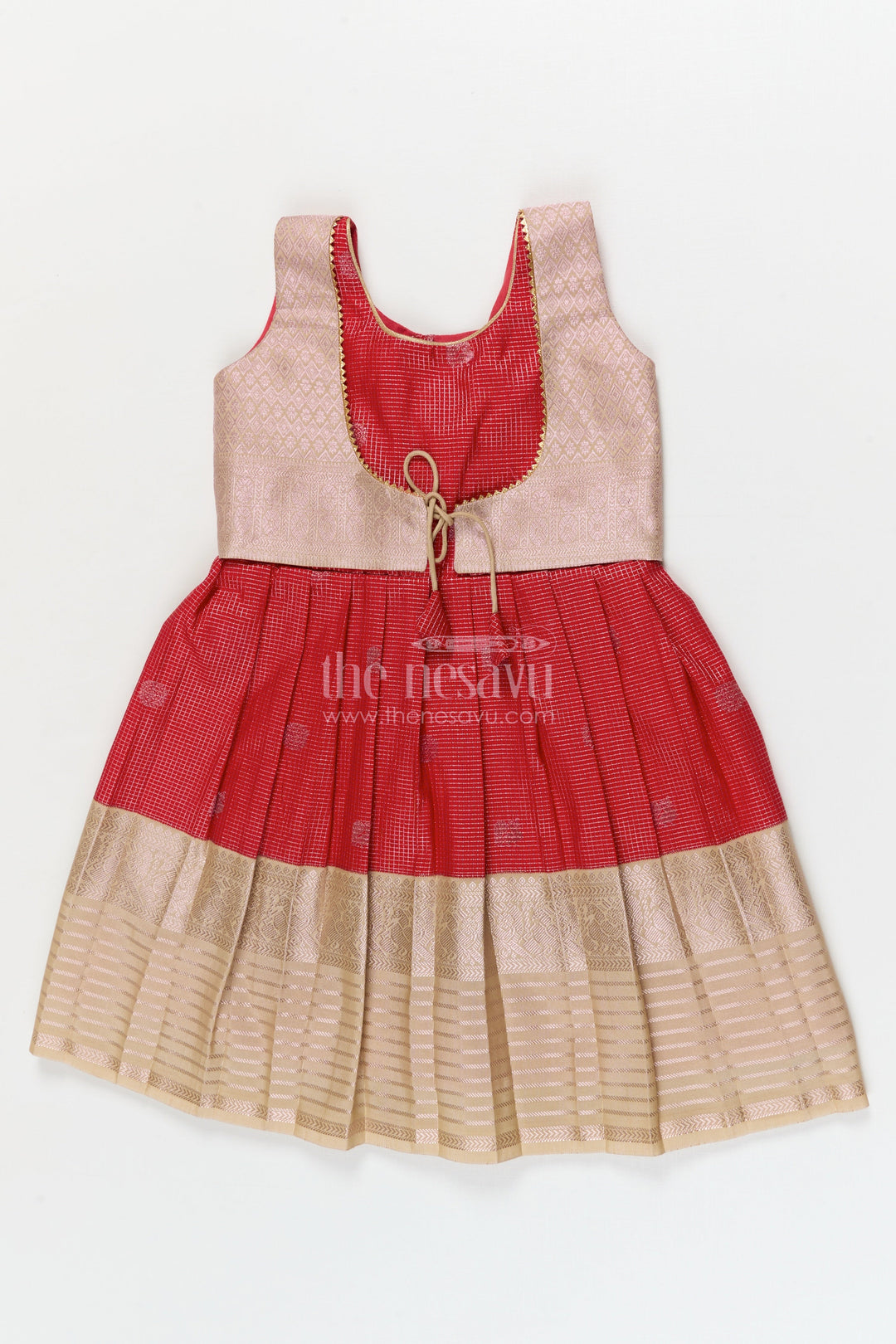 The Nesavu Girls Kanchi Silk Frock Bridal Silk Frock for Toddler Girls with Kanchivaram Saree Inspired Detailing Nesavu 10 (NB) / Red / style 2 KSF008AB-10 Nesavu toddler girl bridal silk frock with Kanchivaram saree inspired zari detailing for festive occasions