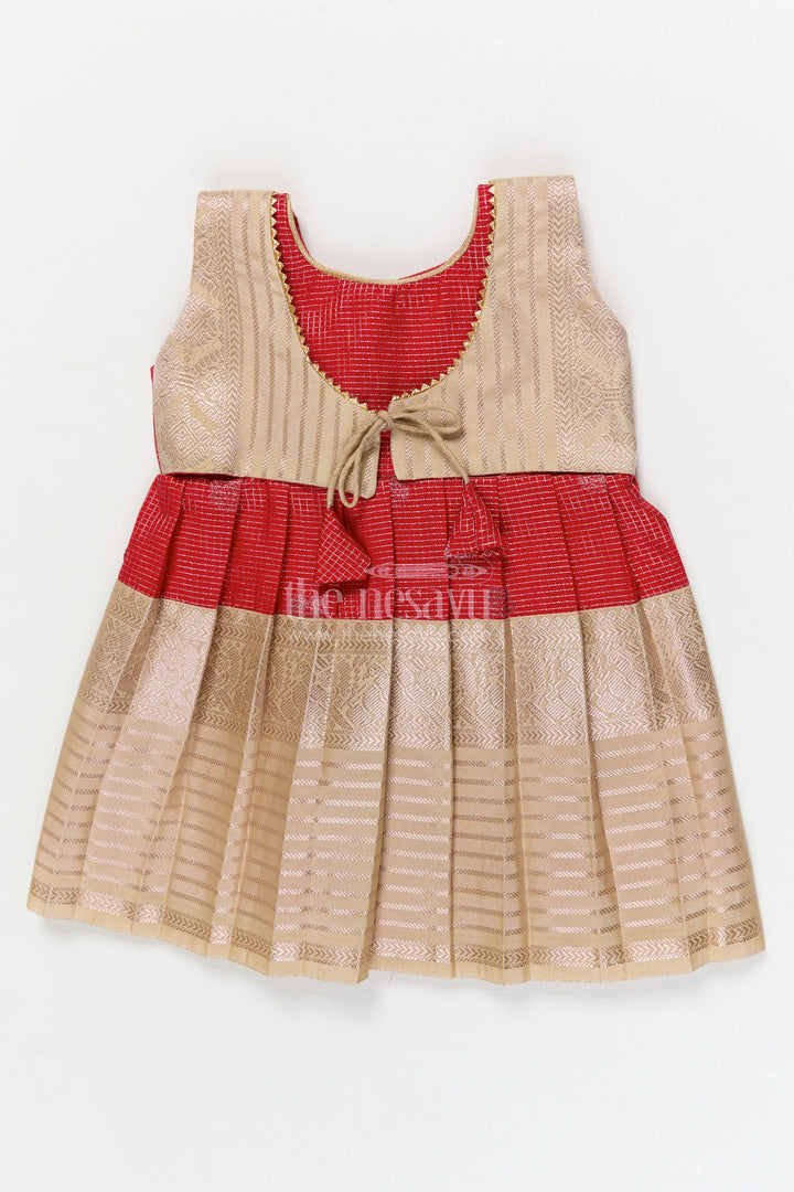 The Nesavu Girls Kanchi Silk Frock Bridal Silk Frock for Toddler Girls with Kanchivaram Saree Inspired Detailing Nesavu 10 (NB) / Red / style 3 KSF008AC-10 Nesavu toddler girl bridal silk frock with Kanchivaram saree inspired zari detailing for festive occasions