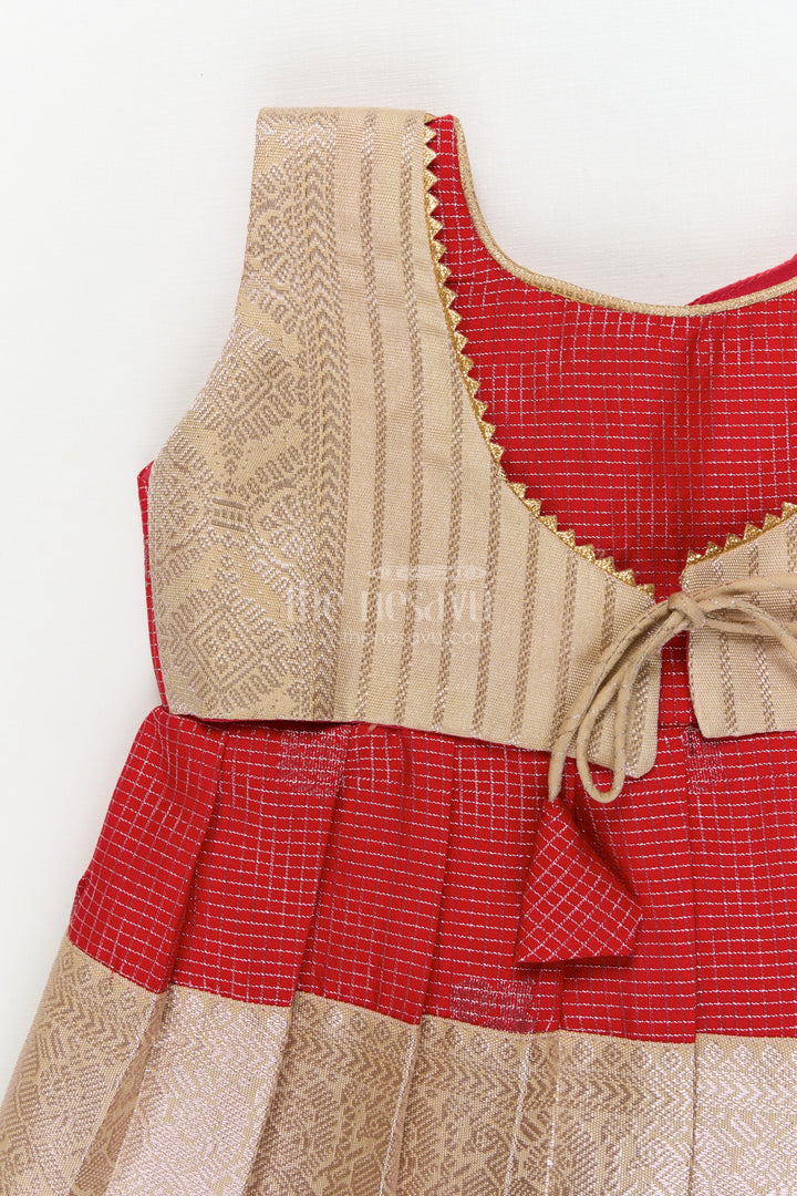 The Nesavu Girls Kanchi Silk Frock Bridal Silk Frock for Toddler Girls with Kanchivaram Saree Inspired Detailing Nesavu Nesavu toddler girl bridal silk frock with Kanchivaram saree inspired zari detailing for festive occasions