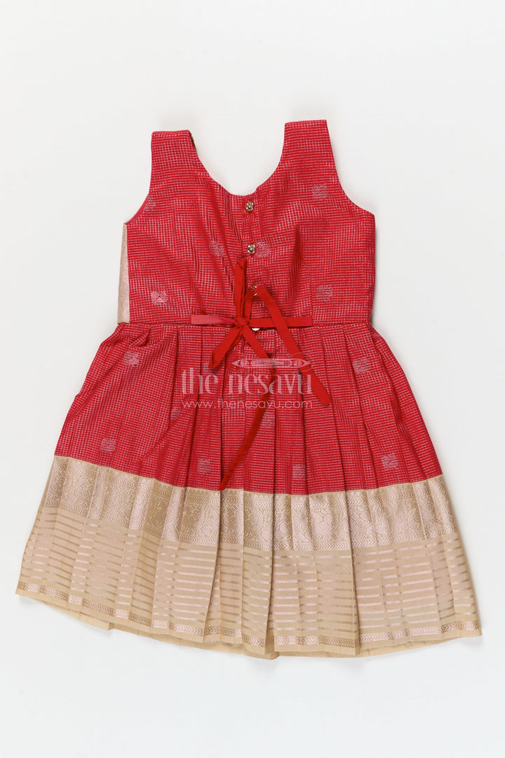 The Nesavu Girls Kanchi Silk Frock Bridal Silk Frock for Toddler Girls with Kanchivaram Saree Inspired Detailing Nesavu Nesavu toddler girl bridal silk frock with Kanchivaram saree inspired zari detailing for festive occasions