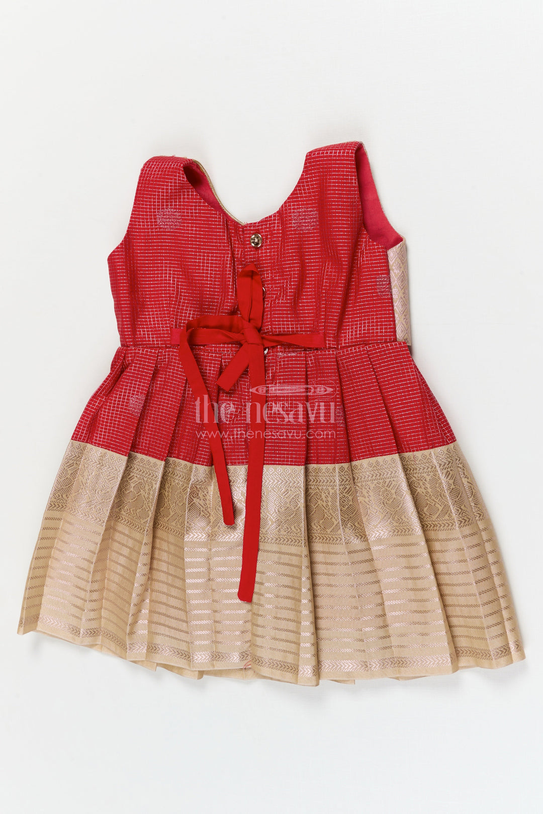 The Nesavu Girls Kanchi Silk Frock Bridal Silk Frock for Toddler Girls with Kanchivaram Saree Inspired Detailing Nesavu Nesavu toddler girl bridal silk frock with Kanchivaram saree inspired zari detailing for festive occasions