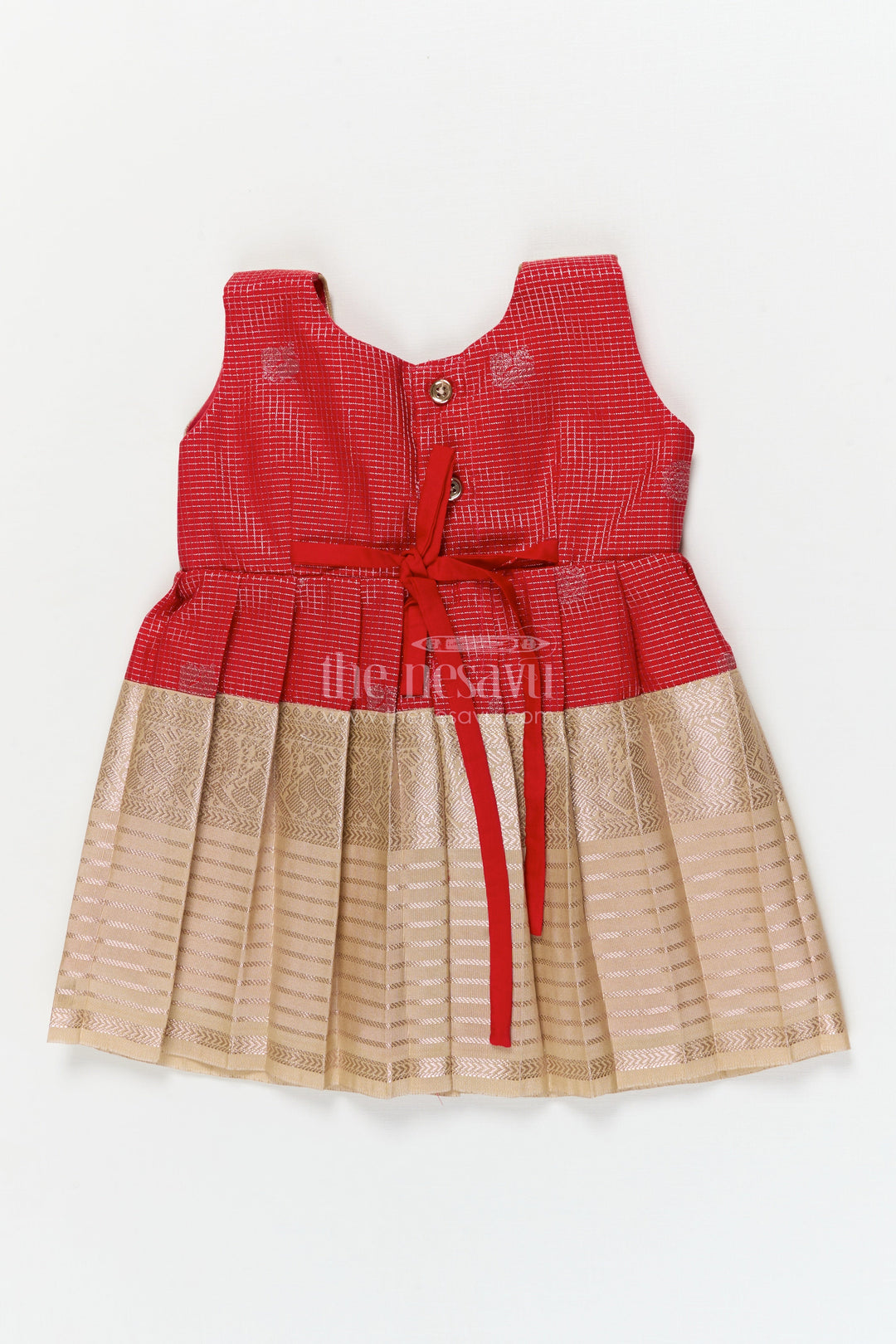 The Nesavu Girls Kanchi Silk Frock Bridal Silk Frock for Toddler Girls with Kanchivaram Saree Inspired Detailing Nesavu Nesavu toddler girl bridal silk frock with Kanchivaram saree inspired zari detailing for festive occasions