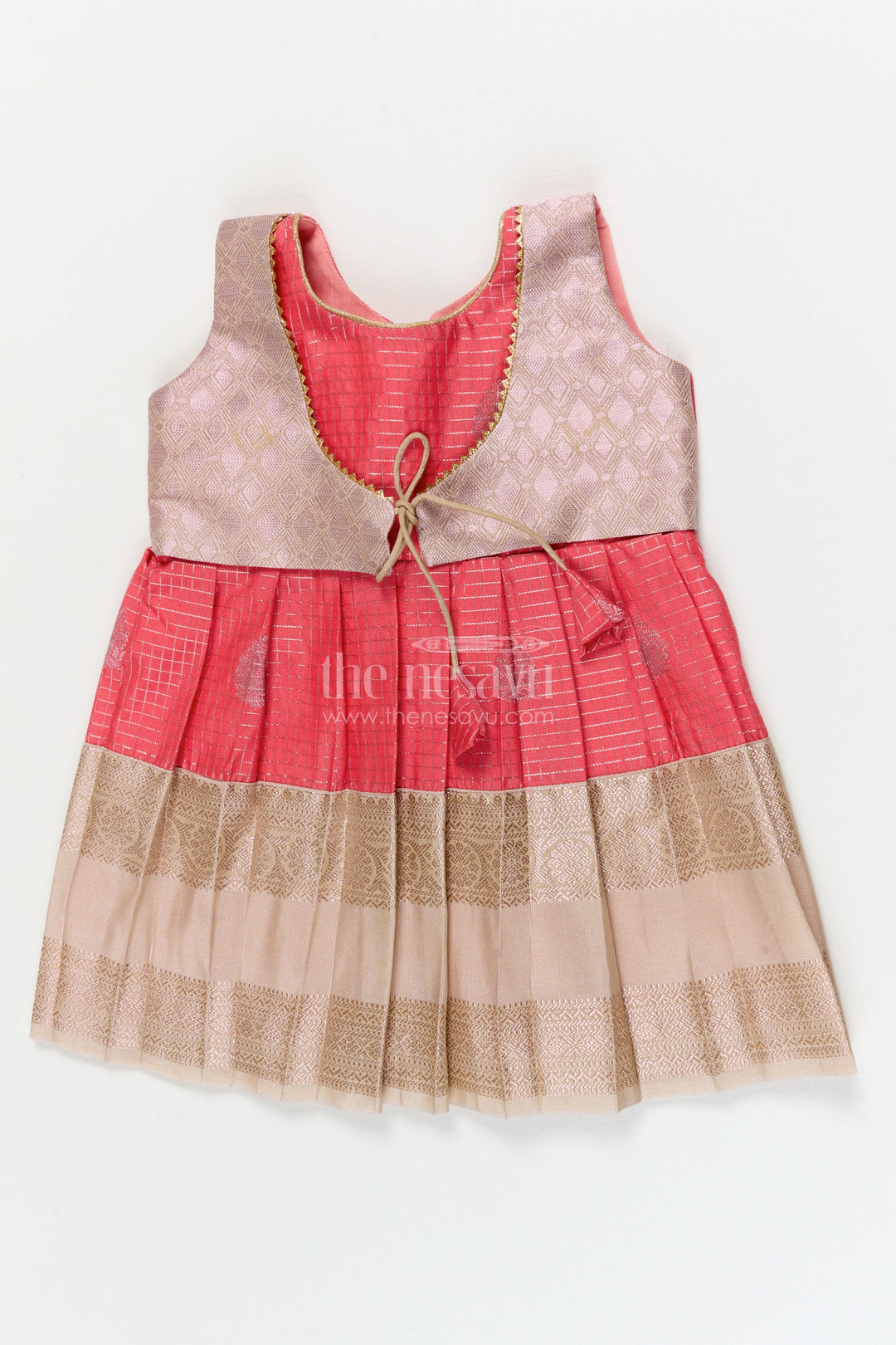 The Nesavu Girls Kanchi Silk Frock Bridal Silk Frock for Toddler Girls with Kanchivaram Saree Inspired Zari Detailing Nesavu 10 (NB) / Orange / style 1 KSF037EA-10 Nesavu toddler girl bridal silk frock with Kanchivaram inspired zari border and jacquard yoke