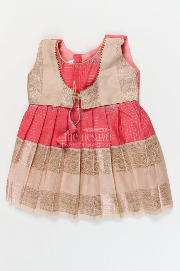 The Nesavu Girls Kanchi Silk Frock Bridal Silk Frock for Toddler Girls with Kanchivaram Saree Inspired Zari Detailing Nesavu 10 (NB) / Orange / style 3 KSF037EC-10 Nesavu toddler girl bridal silk frock with Kanchivaram inspired zari border and jacquard yoke