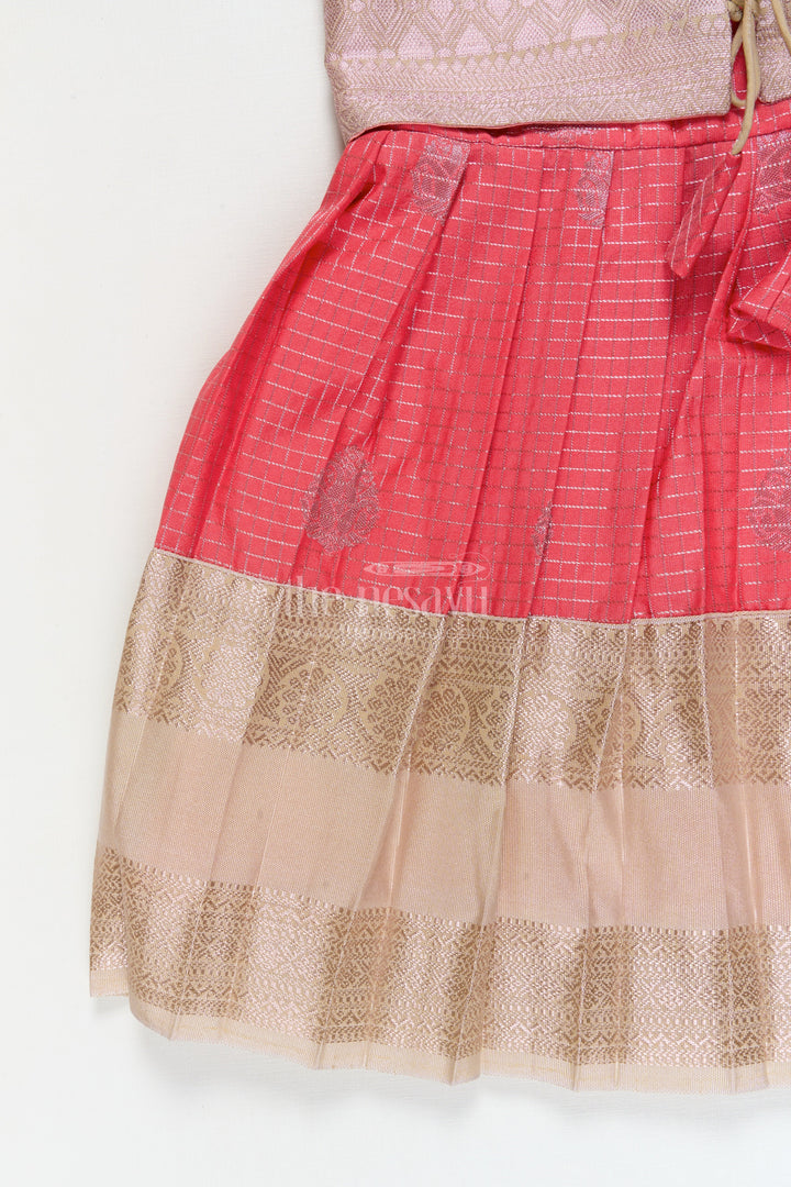 The Nesavu Girls Kanchi Silk Frock Bridal Silk Frock for Toddler Girls with Kanchivaram Saree Inspired Zari Detailing Nesavu Nesavu toddler girl bridal silk frock with Kanchivaram inspired zari border and jacquard yoke