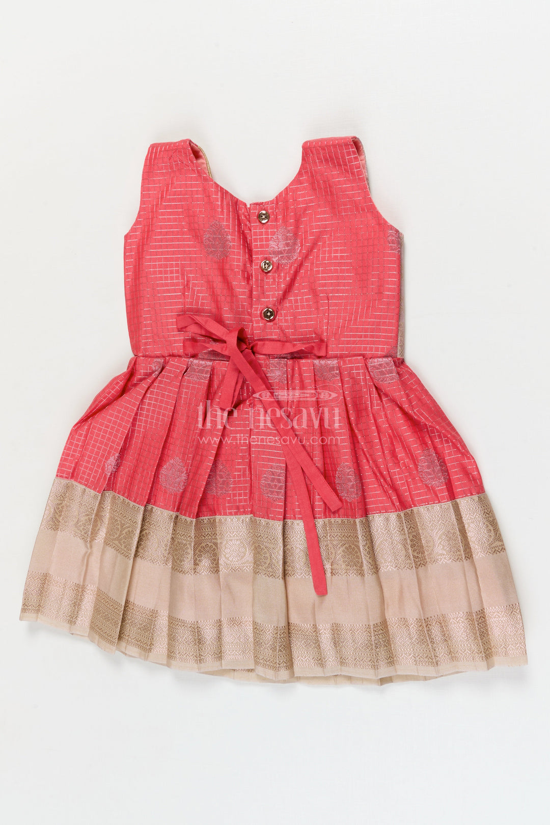 The Nesavu Girls Kanchi Silk Frock Bridal Silk Frock for Toddler Girls with Kanchivaram Saree Inspired Zari Detailing Nesavu Nesavu toddler girl bridal silk frock with Kanchivaram inspired zari border and jacquard yoke