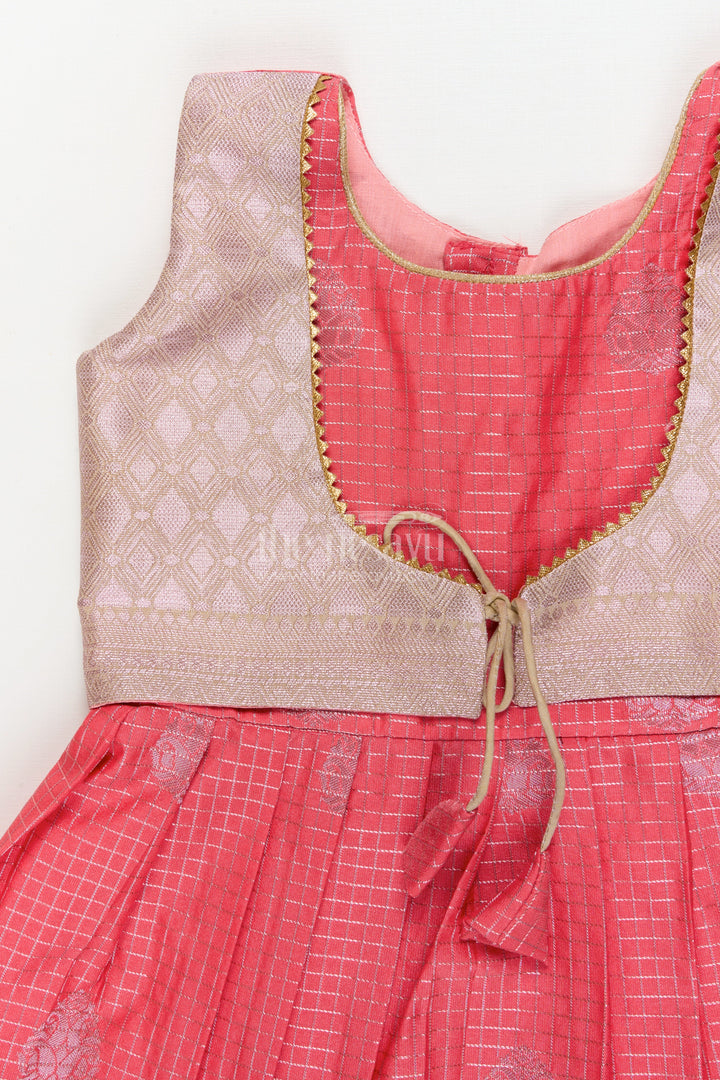 The Nesavu Girls Kanchi Silk Frock Bridal Silk Frock for Toddler Girls with Kanchivaram Saree Inspired Zari Detailing Nesavu Nesavu toddler girl bridal silk frock with Kanchivaram inspired zari border and jacquard yoke