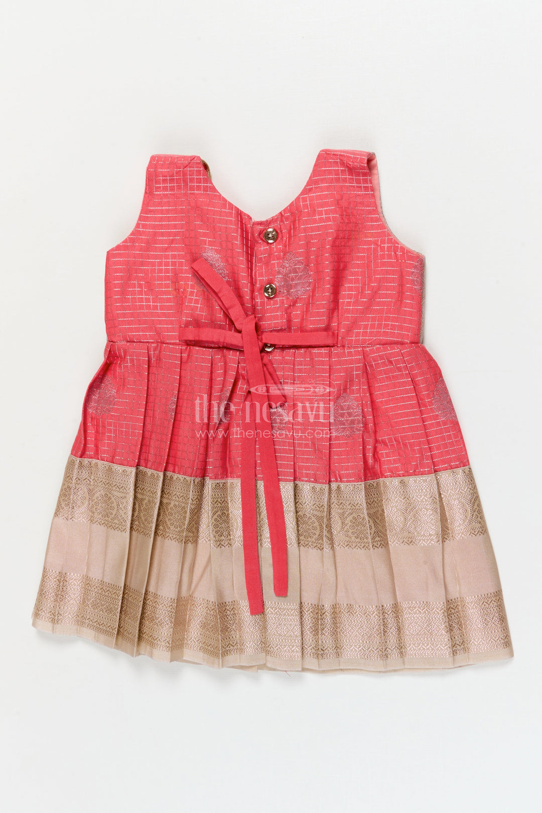 The Nesavu Girls Kanchi Silk Frock Bridal Silk Frock for Toddler Girls with Kanchivaram Saree Inspired Zari Detailing Nesavu Nesavu toddler girl bridal silk frock with Kanchivaram inspired zari border and jacquard yoke