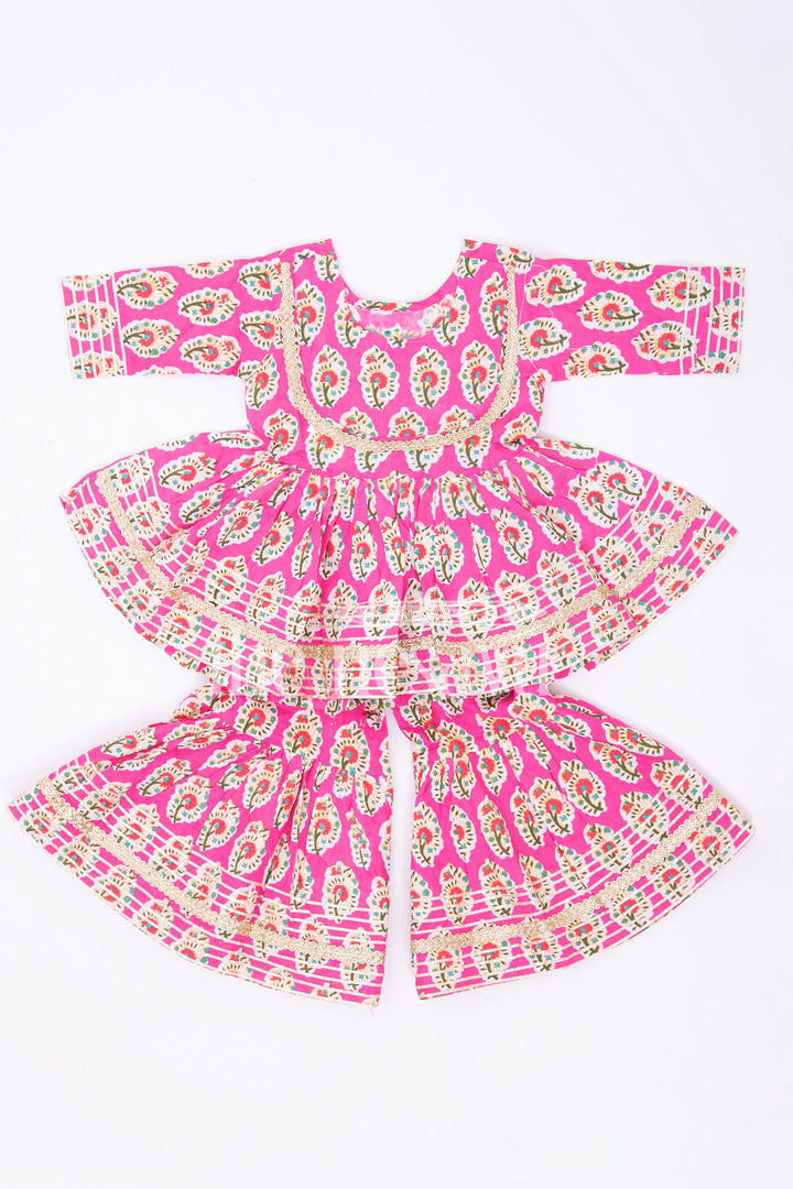 The Nesavu Girls Sharara / Plazo Set Bright Jaipur Hand Block Printed Cotton Sharara Set for Girls’ Indian Co-Ord Looks Nesavu 16 (1Y) / Rose GPS355A-16 Bright Jaipur Hand Block Print Cotton Sharara Set for Girls