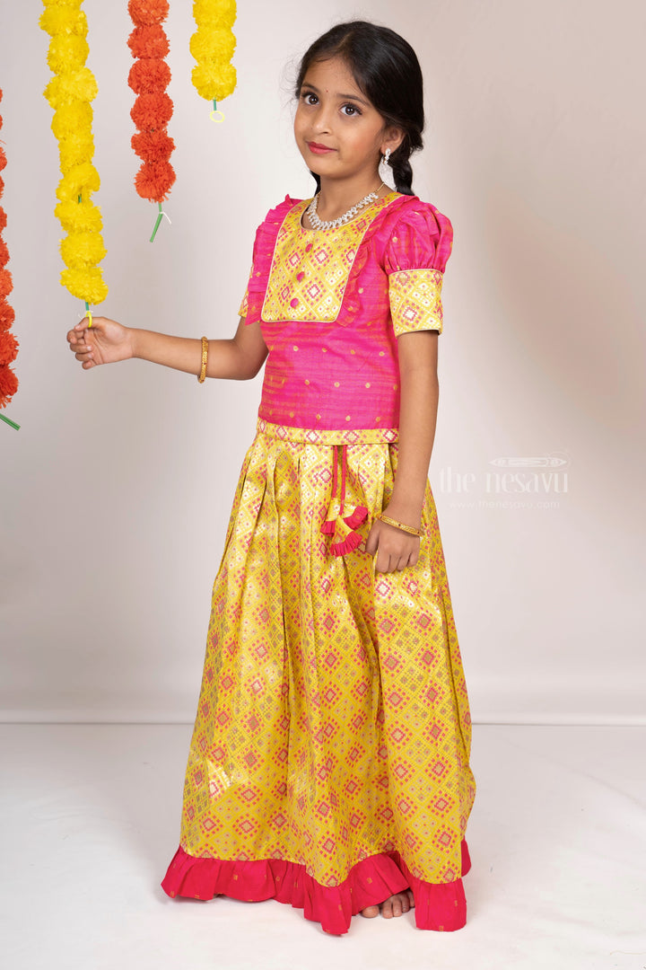 The Nesavu Pattu Pavadai Bright Neon Green With Pink Semi Jacquard Silk Pattu Pavada Sattai For Girls Nesavu 14 (6M) / Yellow / Jacquard GPP243-14 Pattu Pavadai For Girls | Indian Traditional Langa Voni | The Nesavu