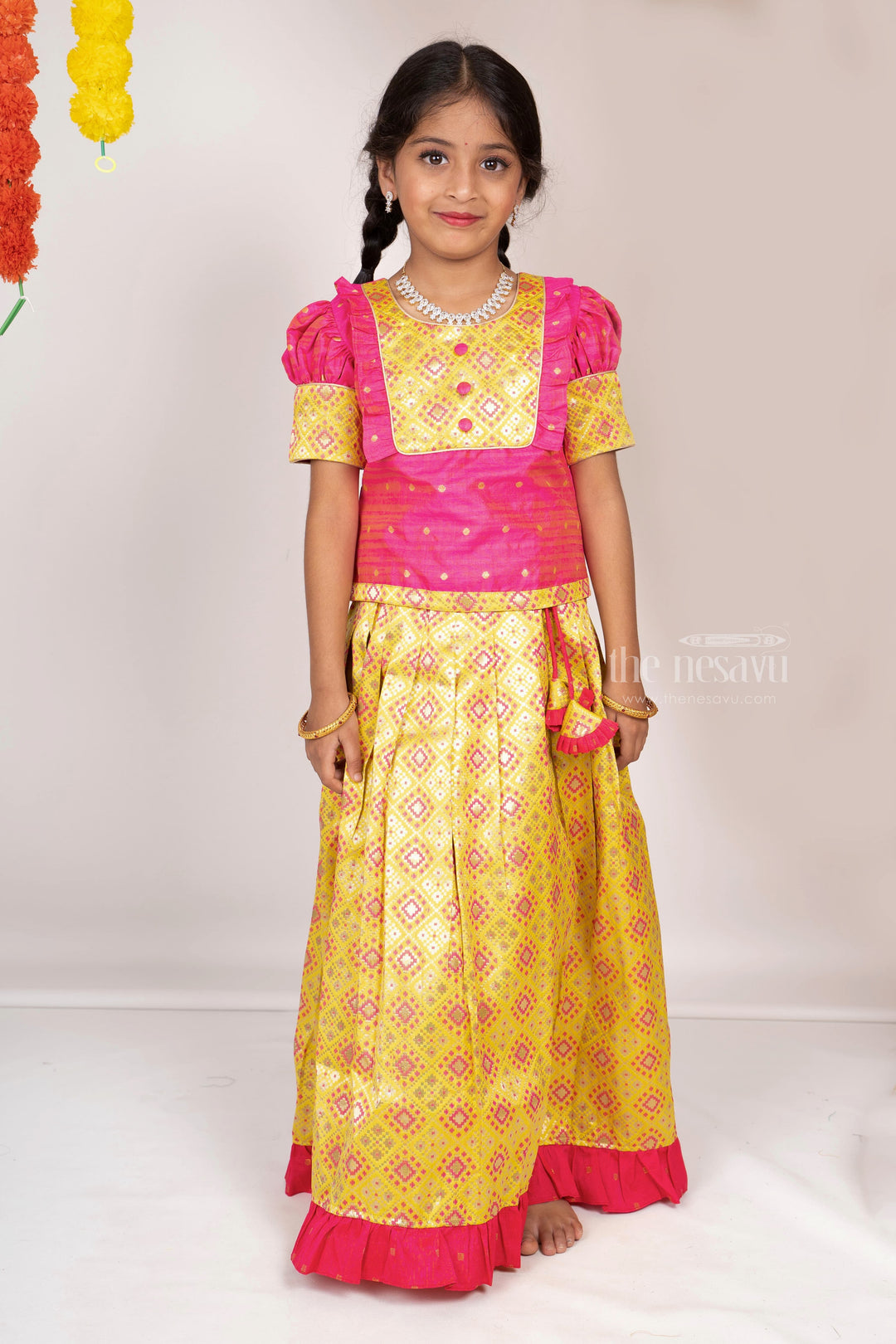 The Nesavu Pattu Pavadai Bright Neon Green With Pink Semi Jacquard Silk Pattu Pavada Sattai For Girls Nesavu Pattu Pavadai For Girls | Indian Traditional Langa Voni | The Nesavu