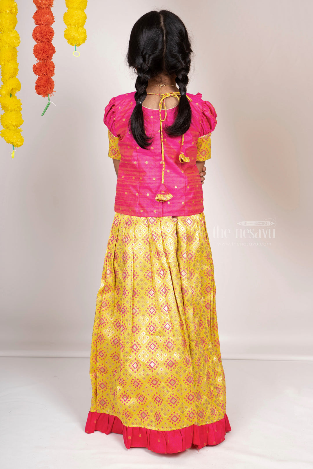 Bright Neon Green With Pink Semi Jacquard Silk Pattu Pavada Sattai For Girls