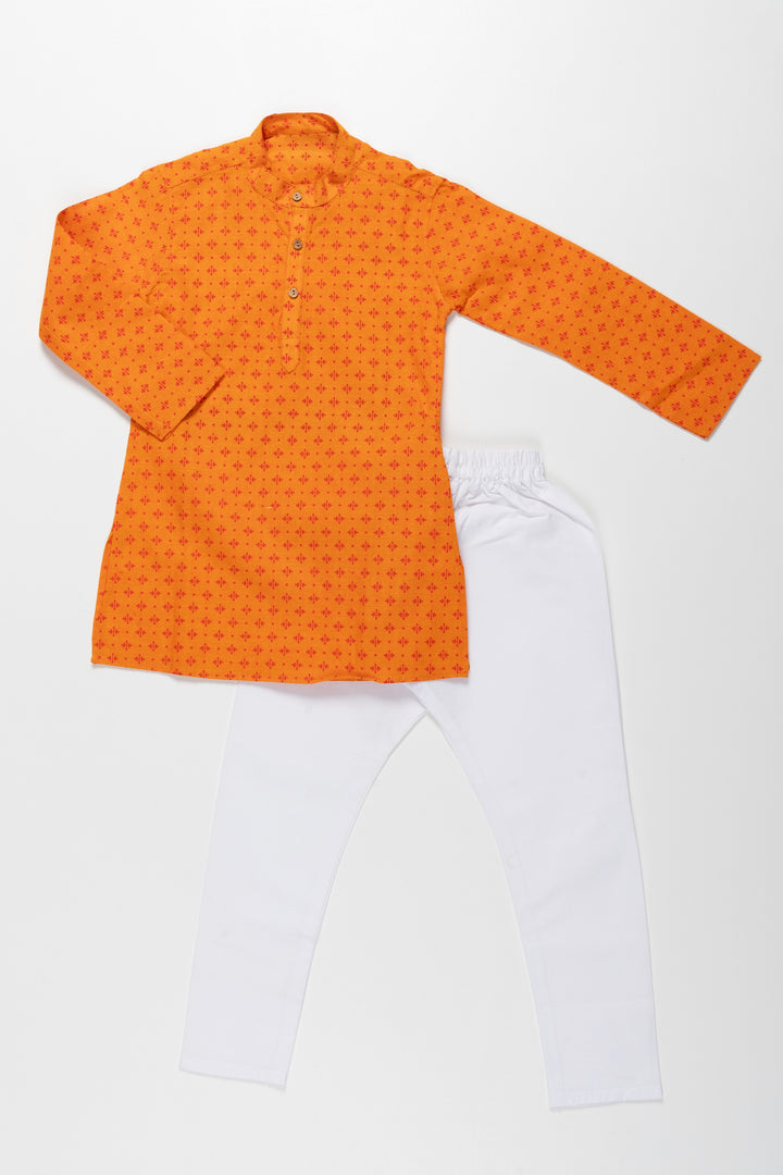 Bright Orange Printed Kurta with White Pajama Set for Kids - Festive Traditional Wear