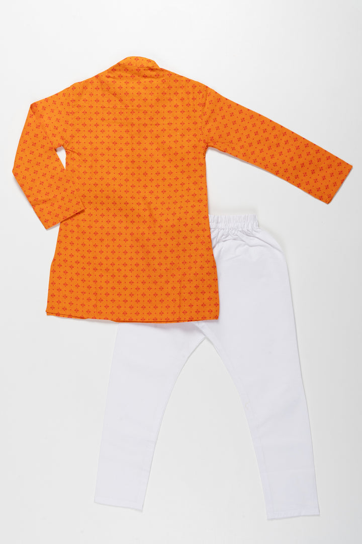 Bright Orange Printed Kurta with White Pajama Set for Kids - Festive Traditional Wear