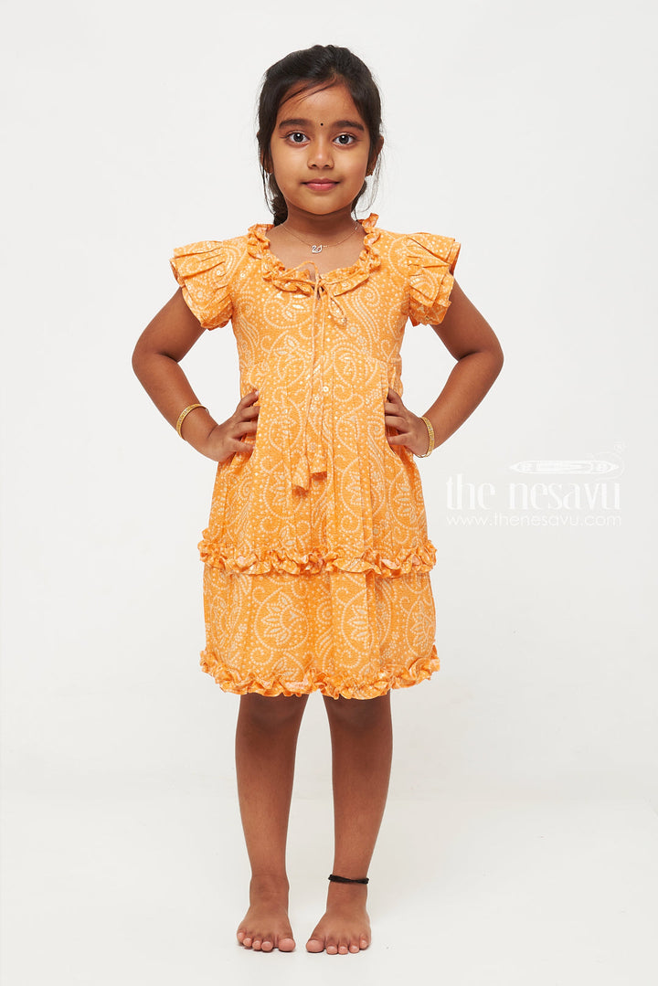 The Nesavu Girls Cotton Frock Bright Orange Ruffle Dress with Paisley Pattern for Girls Nesavu Bright Orange Ruffle Dress with Paisley Pattern for Girls - Vibrant & Stylish