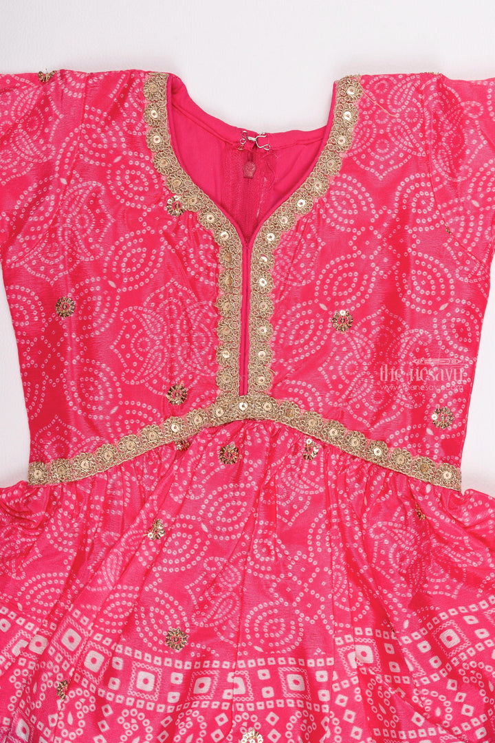 The Nesavu Girls Sharara / Plazo Set Bright Pink Alia Ensemble: Bandhani & Sequin Embroidered Kurti with Gharara - Matching Mom and Daughter Outfits for Stylish Girls Nesavu Girls Celebration Kurti and Gharara Set | Boutique Girls Kurti Sets | The Nesavu