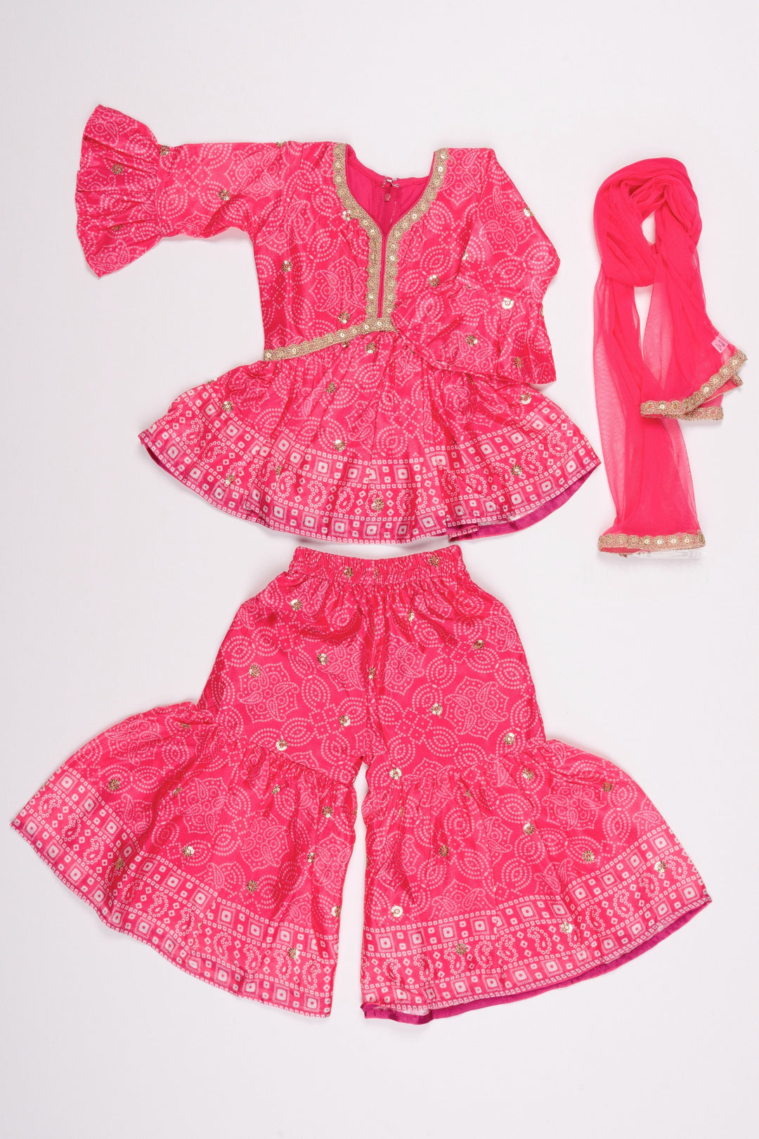 The Nesavu Girls Sharara / Plazo Set Bright Pink Alia Ensemble: Bandhani & Sequin Embroidered Kurti with Gharara - Matching Mom and Daughter Outfits for Stylish Girls Nesavu Girls Celebration Kurti and Gharara Set | Boutique Girls Kurti Sets | The Nesavu